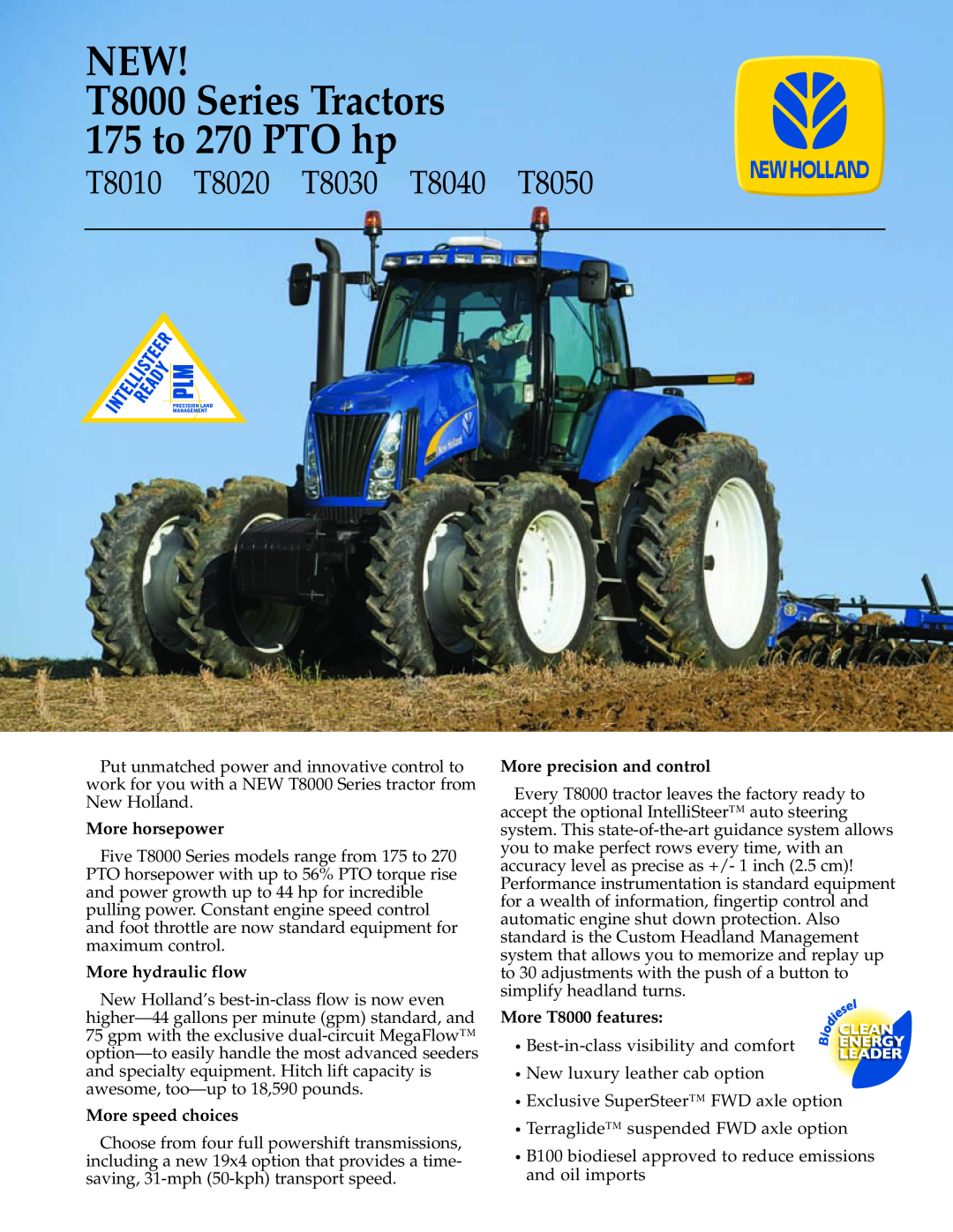 New Holland T8040 manual NEW T8000 Series Tractors 175 to 270 PTO hp, T8010, T8020, T8050, T8030, More horsepower 