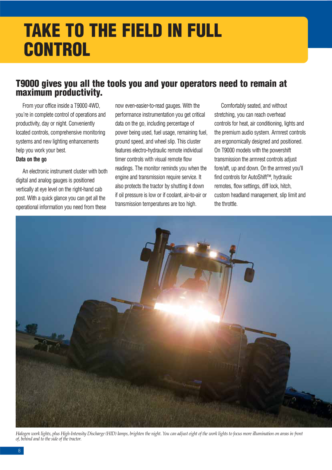 New Holland T9030, T9060, T9050, T9020, T9010, T9040 manual Take to the Field in Full Control, Data on the go 