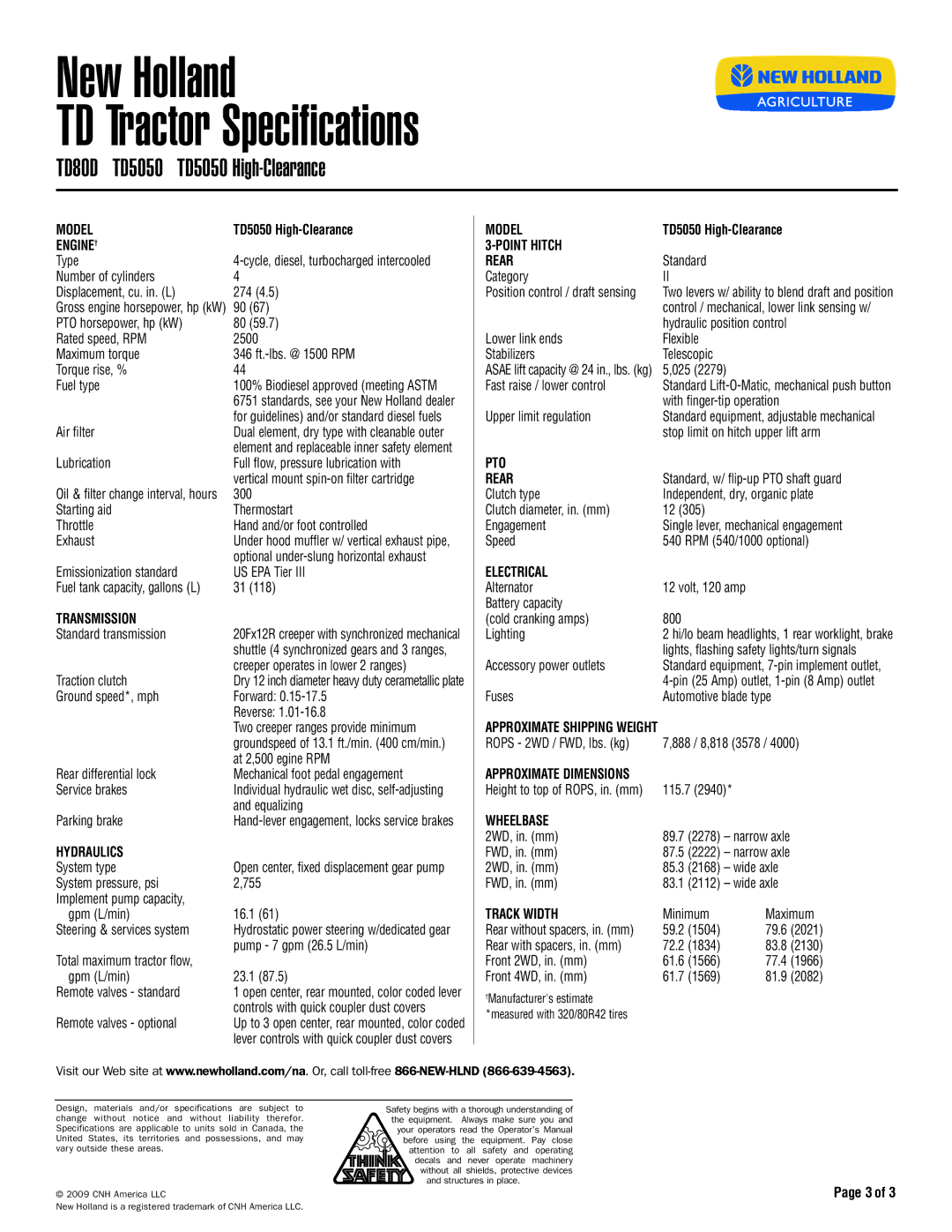 New Holland TD80D, TD5050 specifications Engine†, PTO Rear, Track Width 