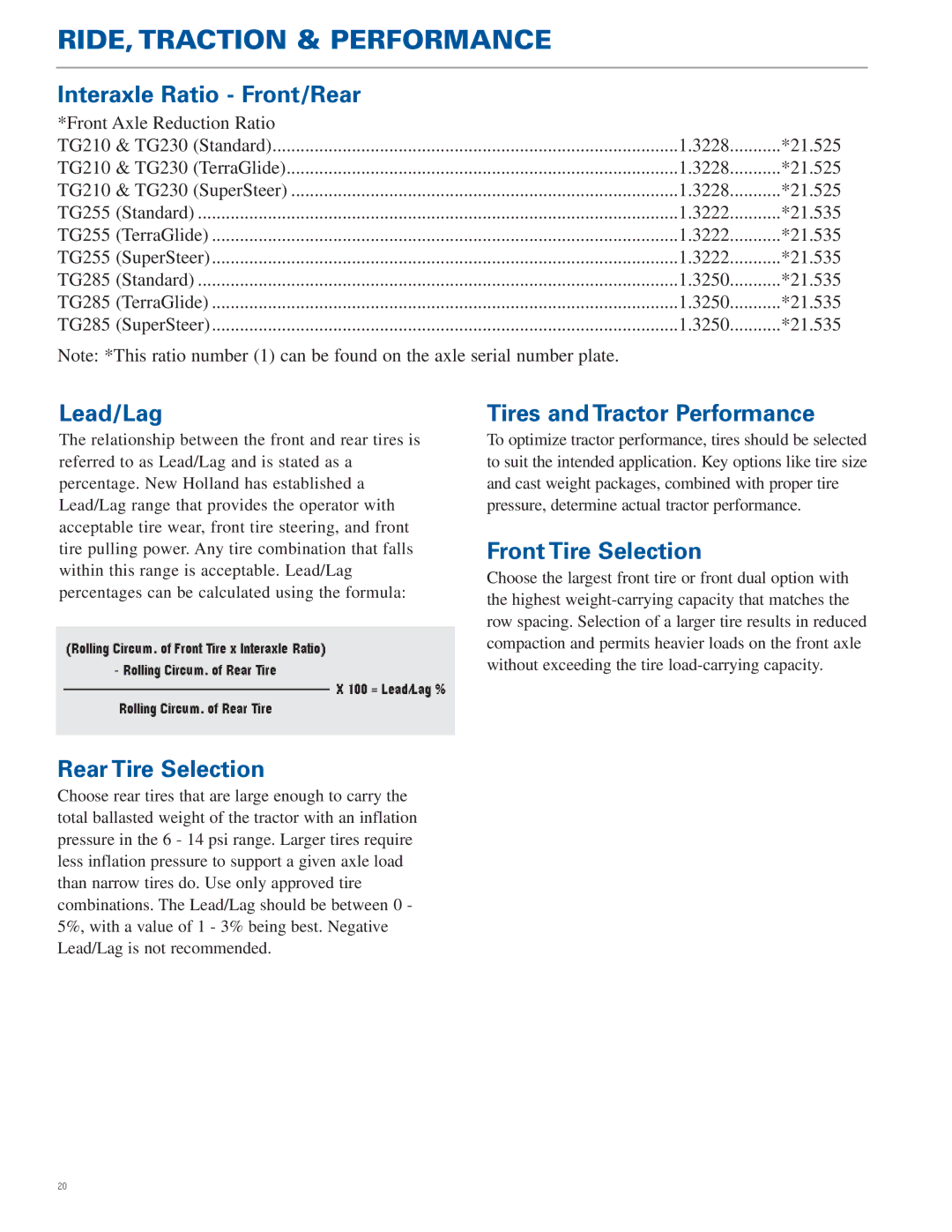 New Holland TJ Series, TG Series Interaxle Ratio Front/Rear, Lead/Lag, Tires and Tractor Performance, Front Tire Selection 