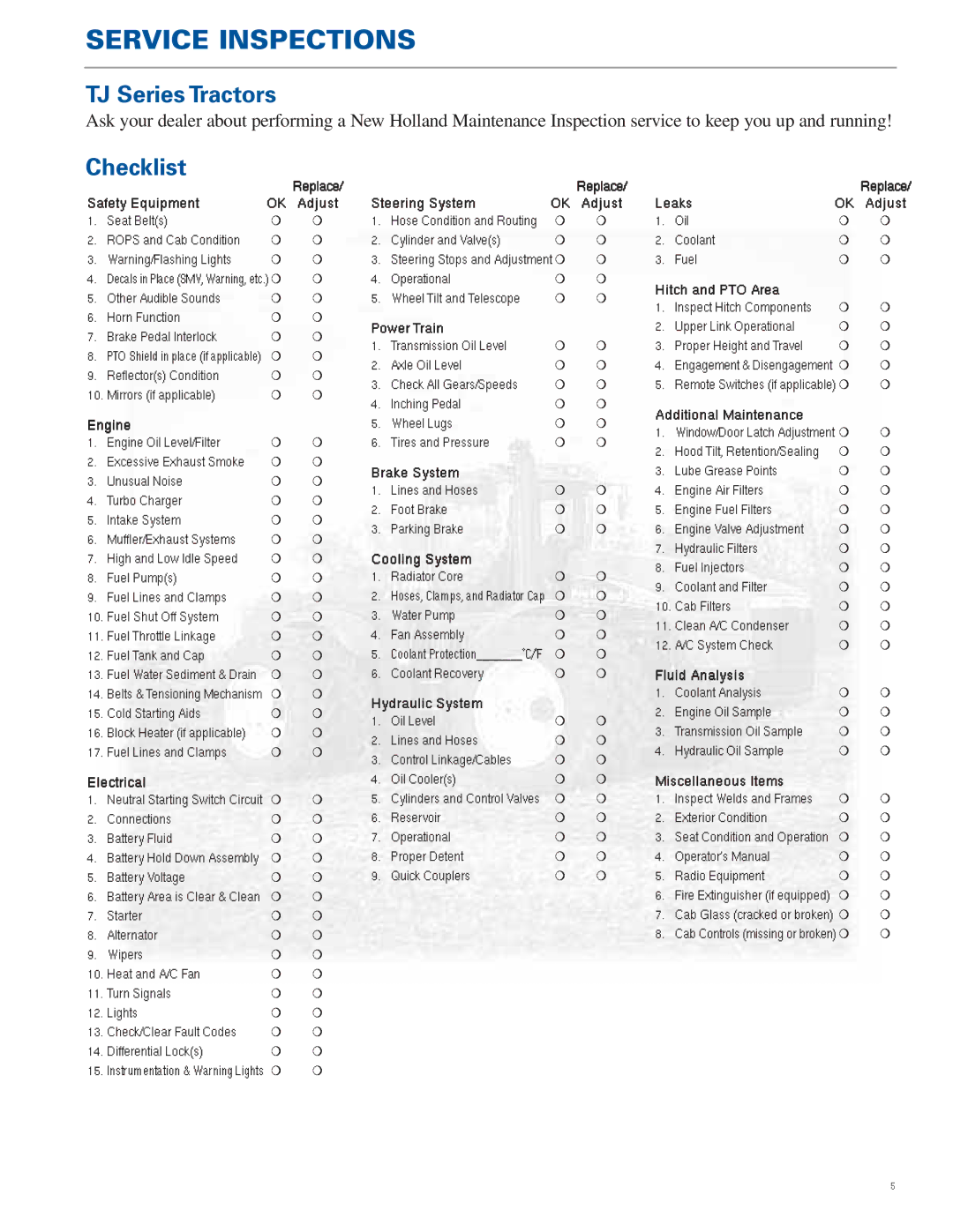 New Holland TG Series manual Service Inspections, TJ Series Tractors, Checklist 