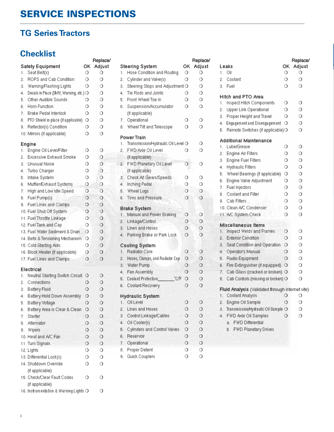 New Holland TJ Series manual TG Series Tractors Checklist 