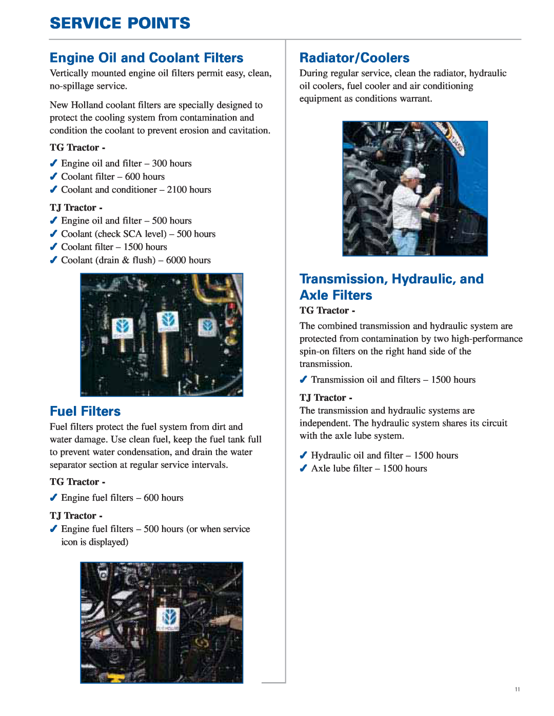 New Holland TG Series manual Service Points, Engine Oil and Coolant Filters, Fuel Filters, Radiator/Coolers, TG Tractor 