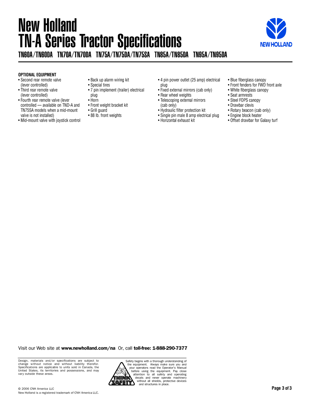 New Holland TN75DA, TN95DA, TN95A, TN85DA, TN75A, TN75SA, TN60A, TN60DA, TN70A, TN85A, TN70DA specifications Optional Equipment 