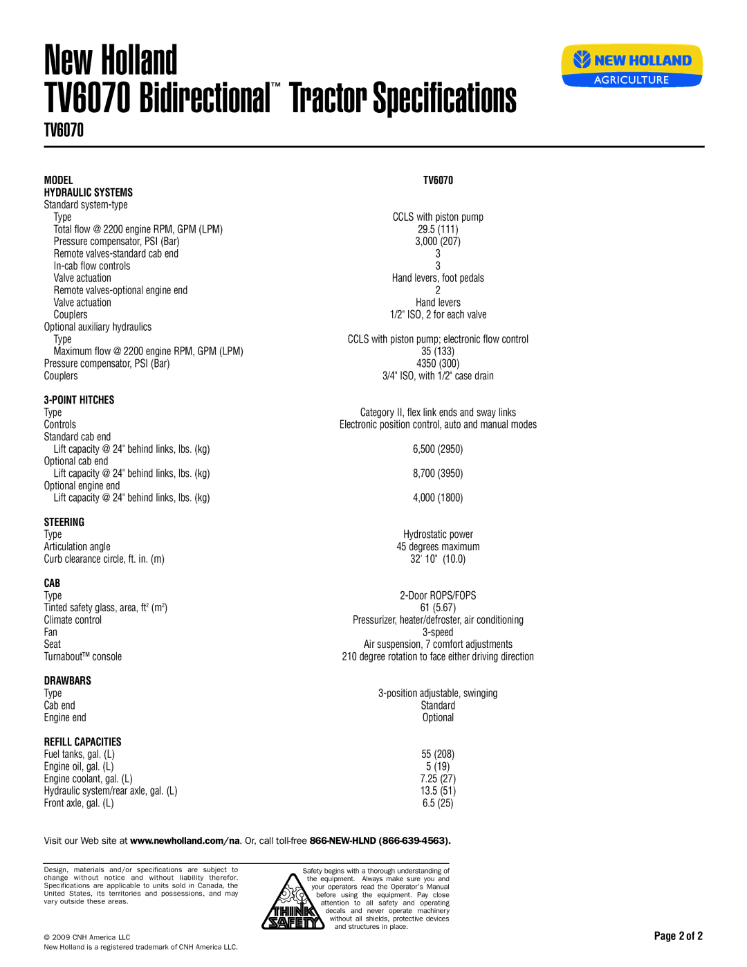 New Holland TV6070 specifications Hydraulic Systems, Point Hitches, Steering, Cab, Drawbars, Refill Capacities 