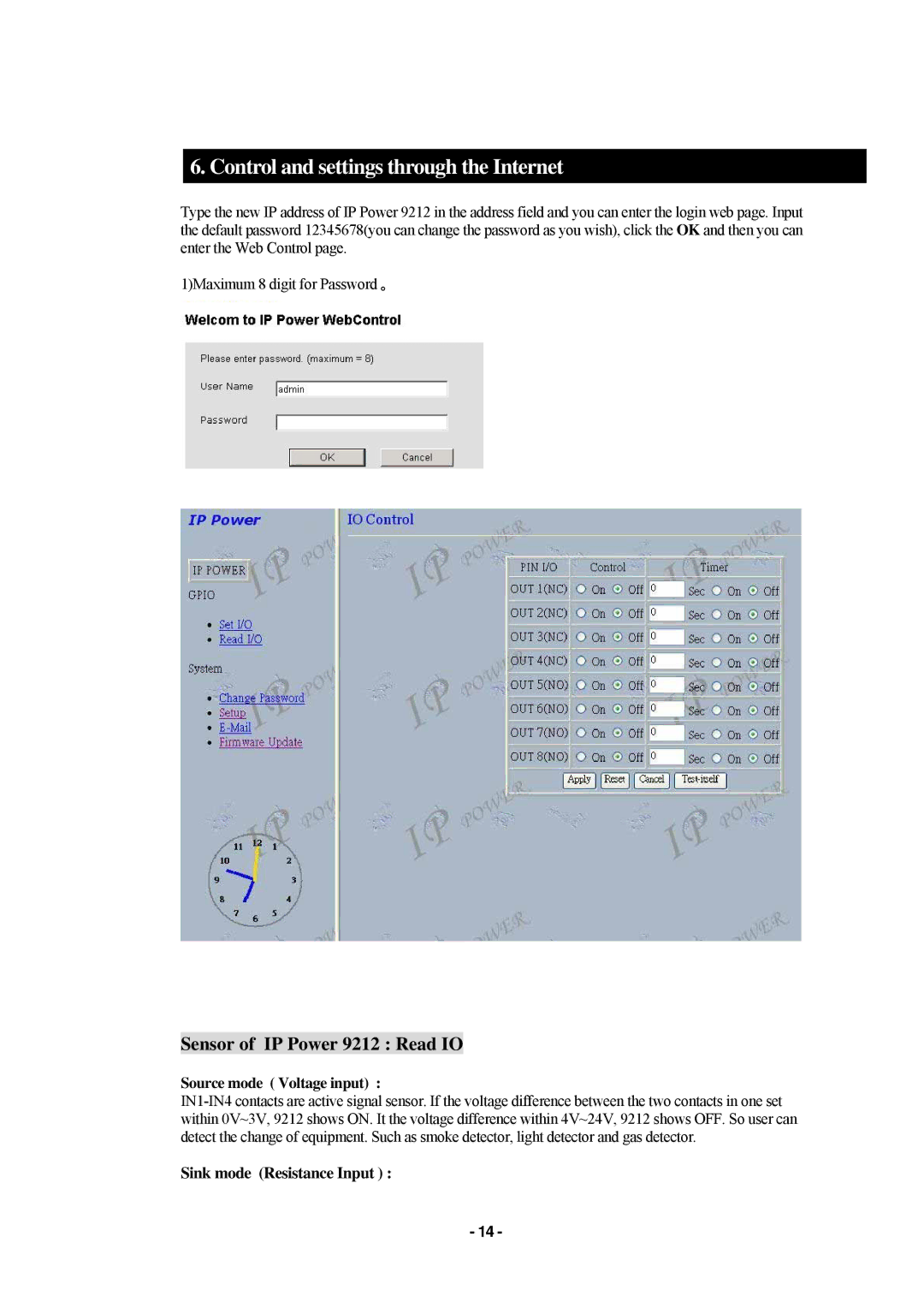 New Media Technology manual Control and settings through the Internet, Sensor of IP Power 9212 Read IO 