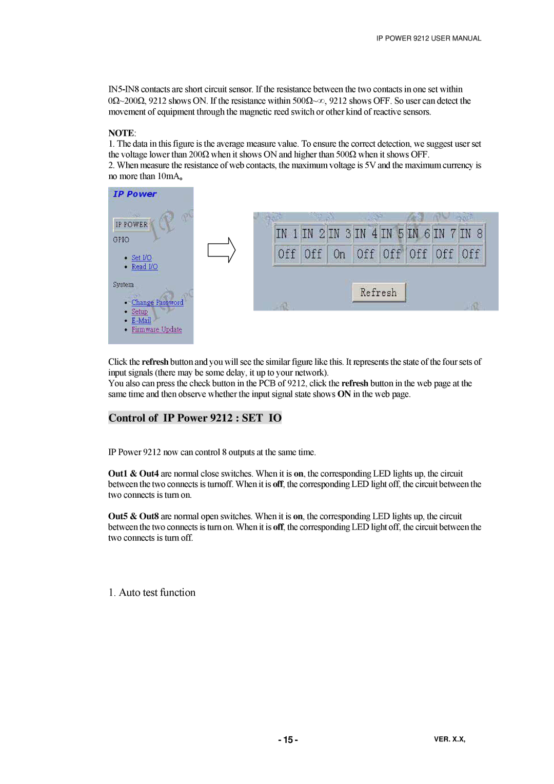 New Media Technology manual Control of IP Power 9212 SET IO, Auto test function 