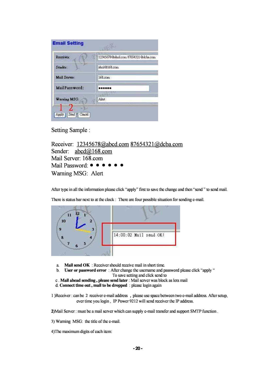 New Media Technology 9212 manual Setting Sample Receiver 12345678@abcd.com 87654321@dcba.com, Warning MSG Alert 