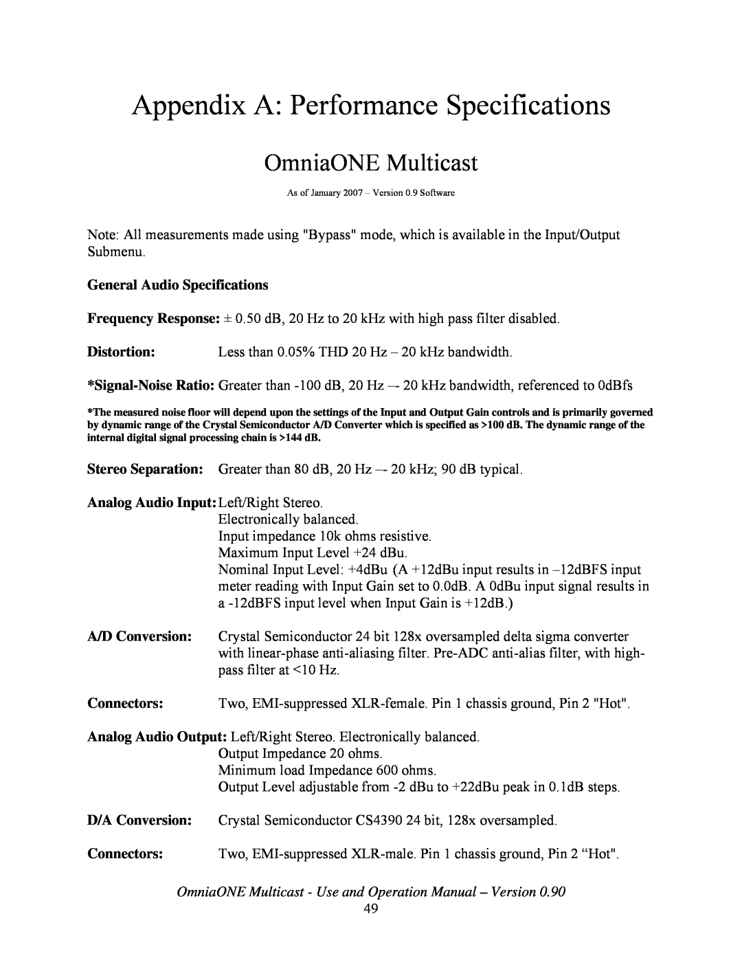 New Media Technology Omnia ONE Multicast manual Appendix A Performance Specifications, OmniaONE Multicast 