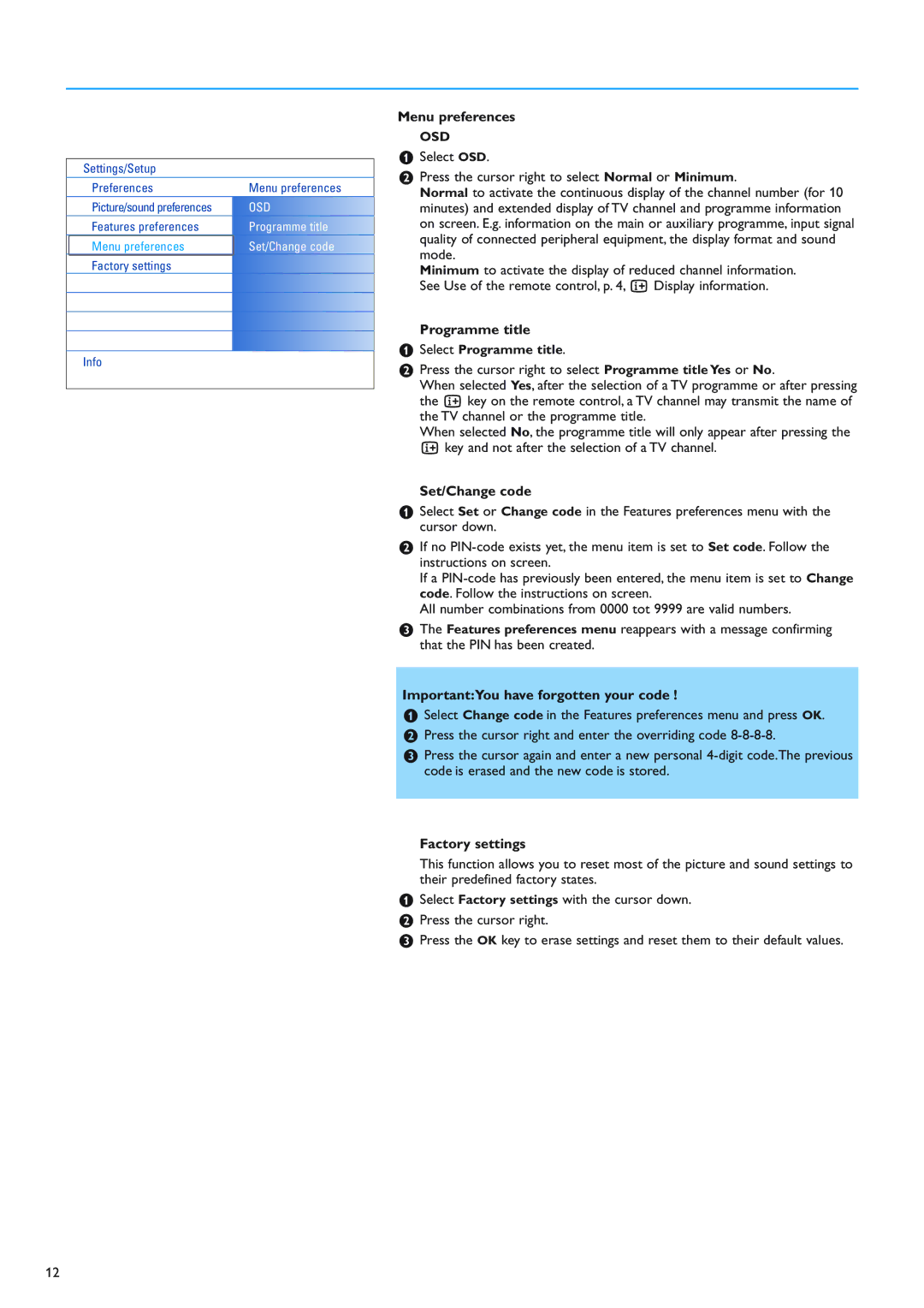 New Transducers 42PF9830/10 Menu preferences, Programme title, Set/Change code, ImportantYou have forgotten your code 