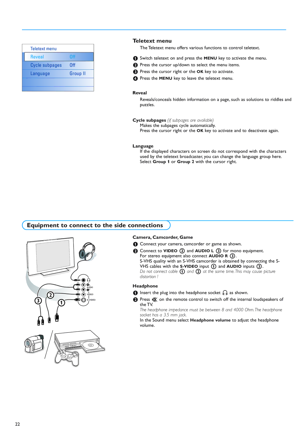 New Transducers 42PF9830/10 instruction manual Equipment to connect to the side connections, Teletext menu 