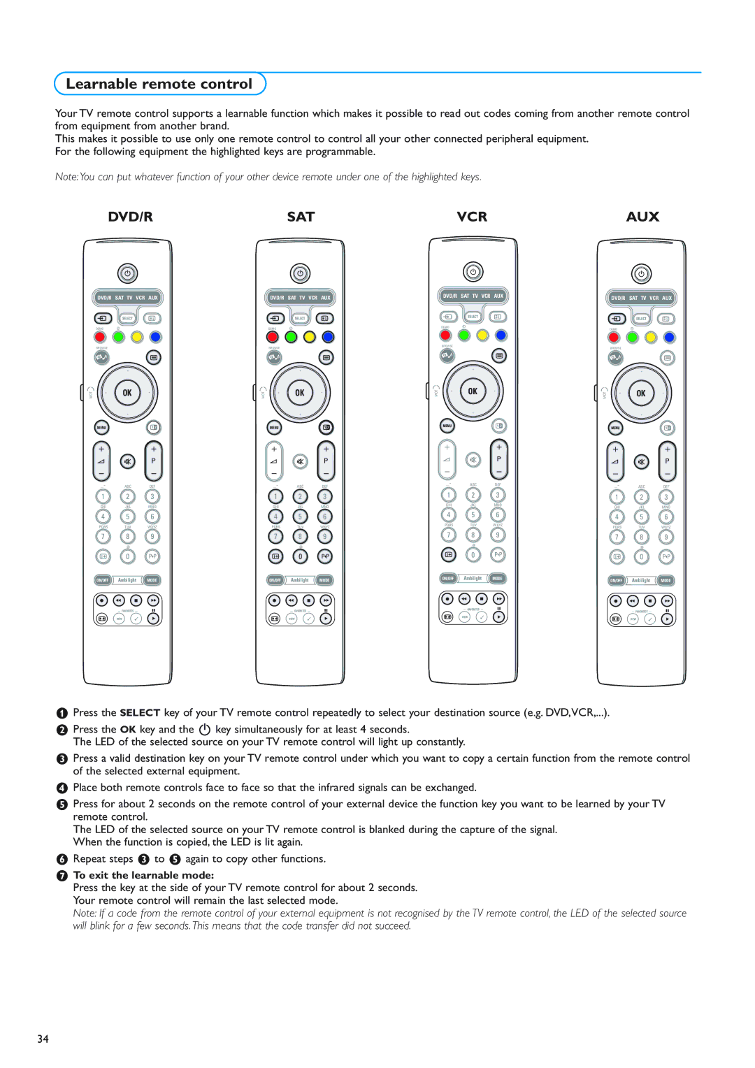 New Transducers 42PF9830/10 instruction manual Learnable remote control, Dvd/R 