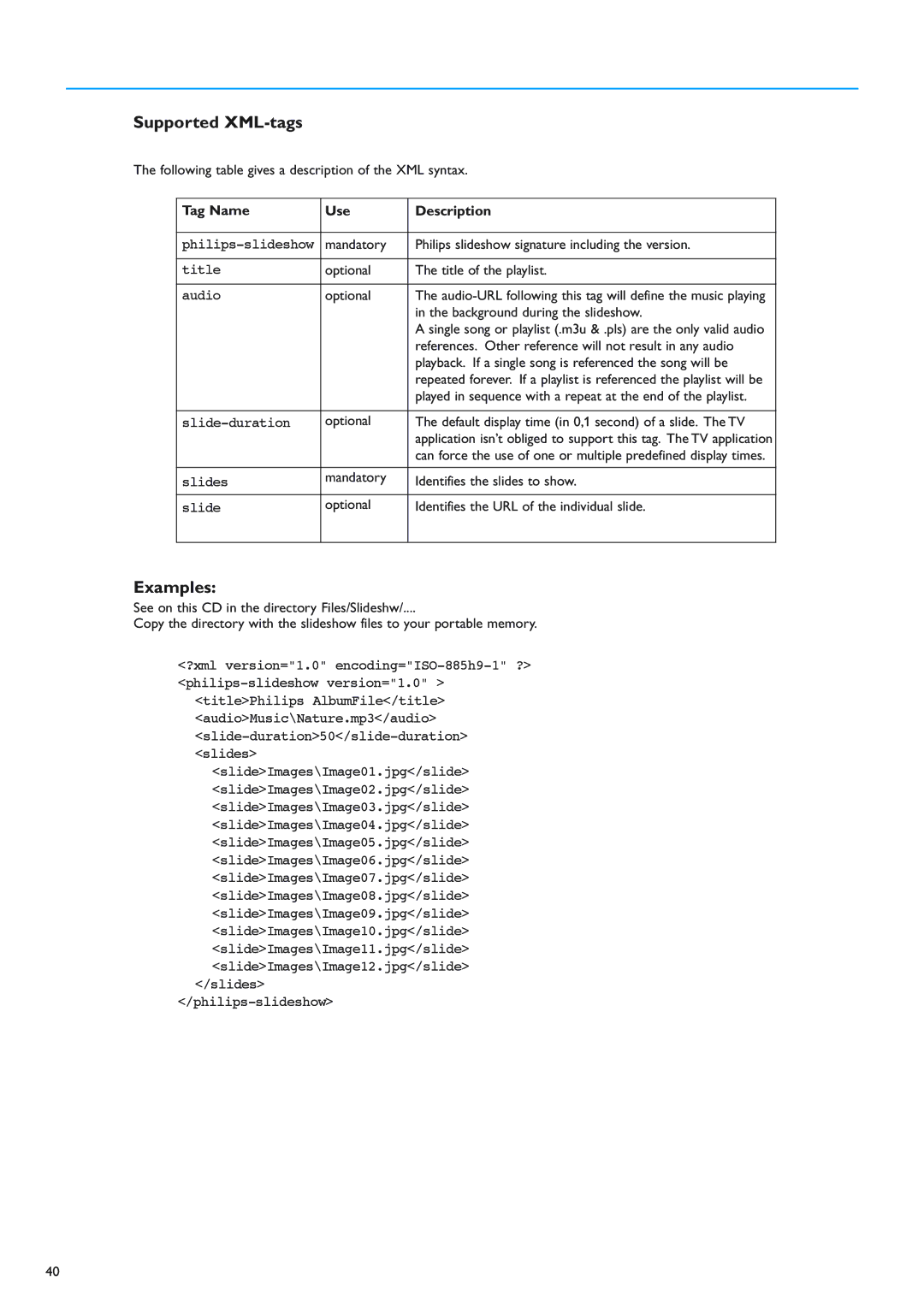 New Transducers 42PF9830/10 instruction manual Supported XML-tags, Examples, Tag Name Use Description 