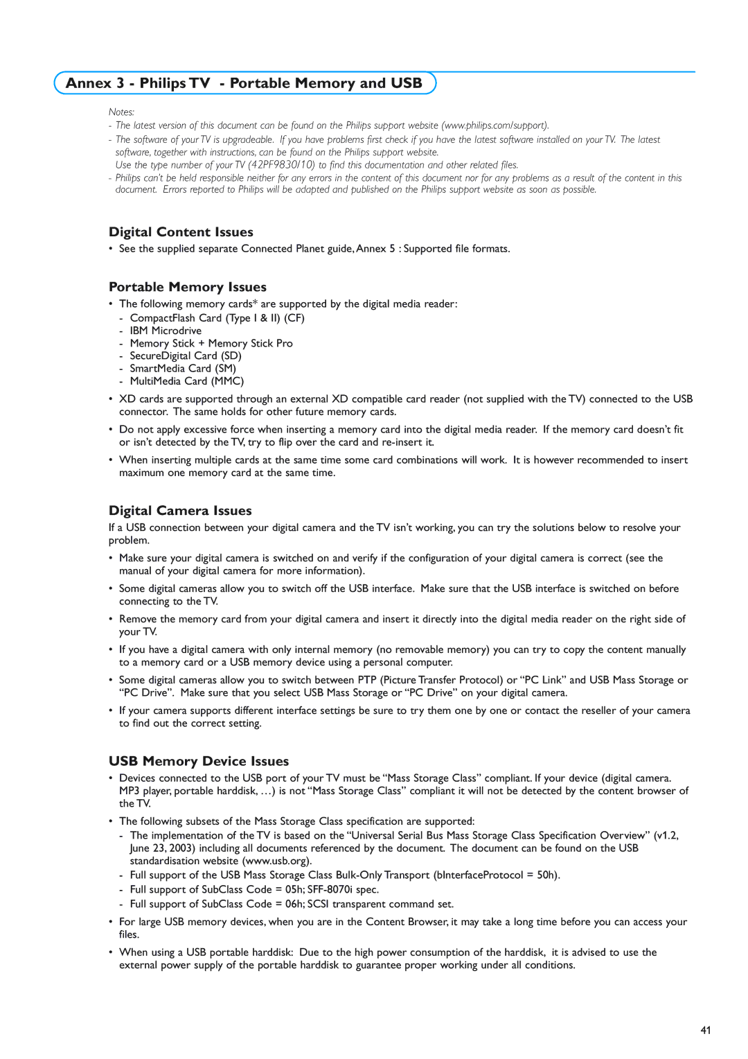 New Transducers 42PF9830/10 Annex 3 Philips TV Portable Memory and USB, Digital Content Issues, Portable Memory Issues 