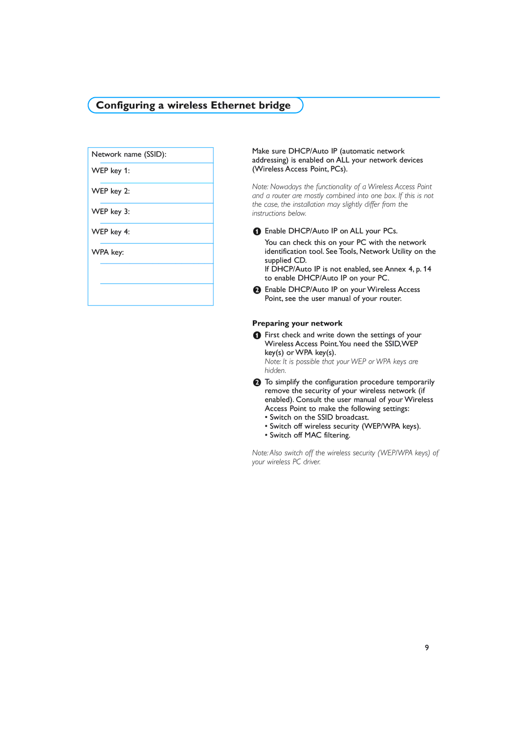 New Transducers 42PF9830/10 instruction manual Configuring a wireless Ethernet bridge, Preparing your network 