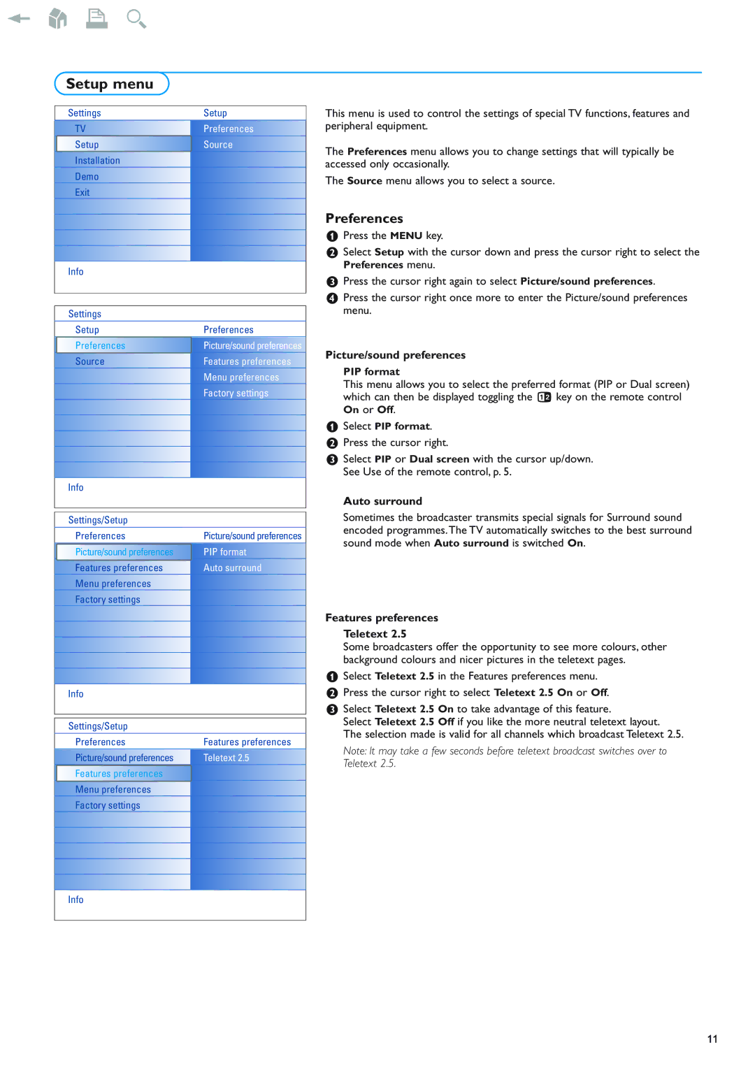 New Transducers 42PF9830/93 instruction manual Setup menu, Preferences, Picture/sound preferences, Auto surround 