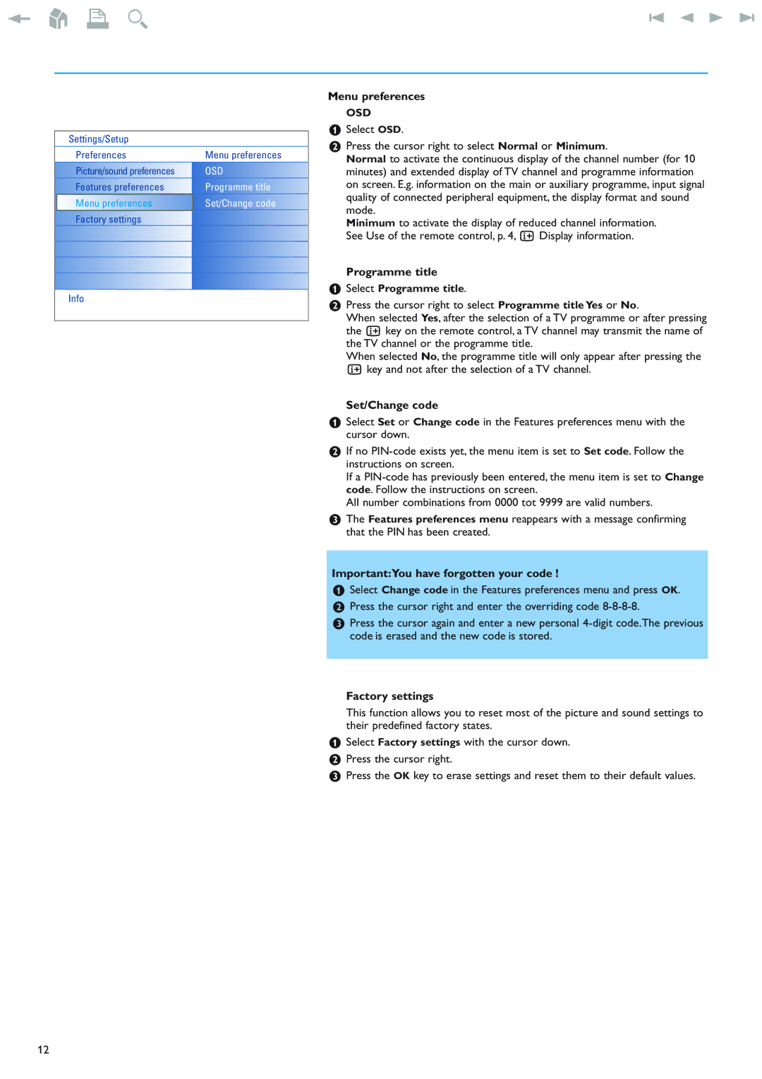 New Transducers 42PF9830/93 Menu preferences, Programme title, Set/Change code, ImportantYou have forgotten your code 