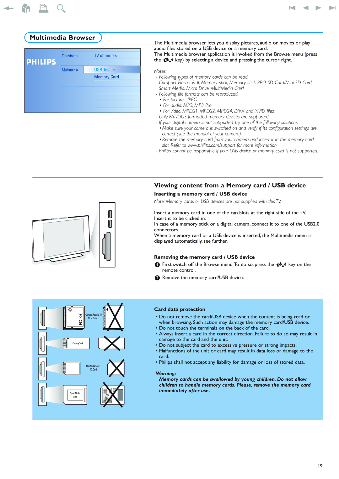 New Transducers 42PF9830/93 Multimedia Browser, Viewing content from a Memory card / USB device, Card data protection 