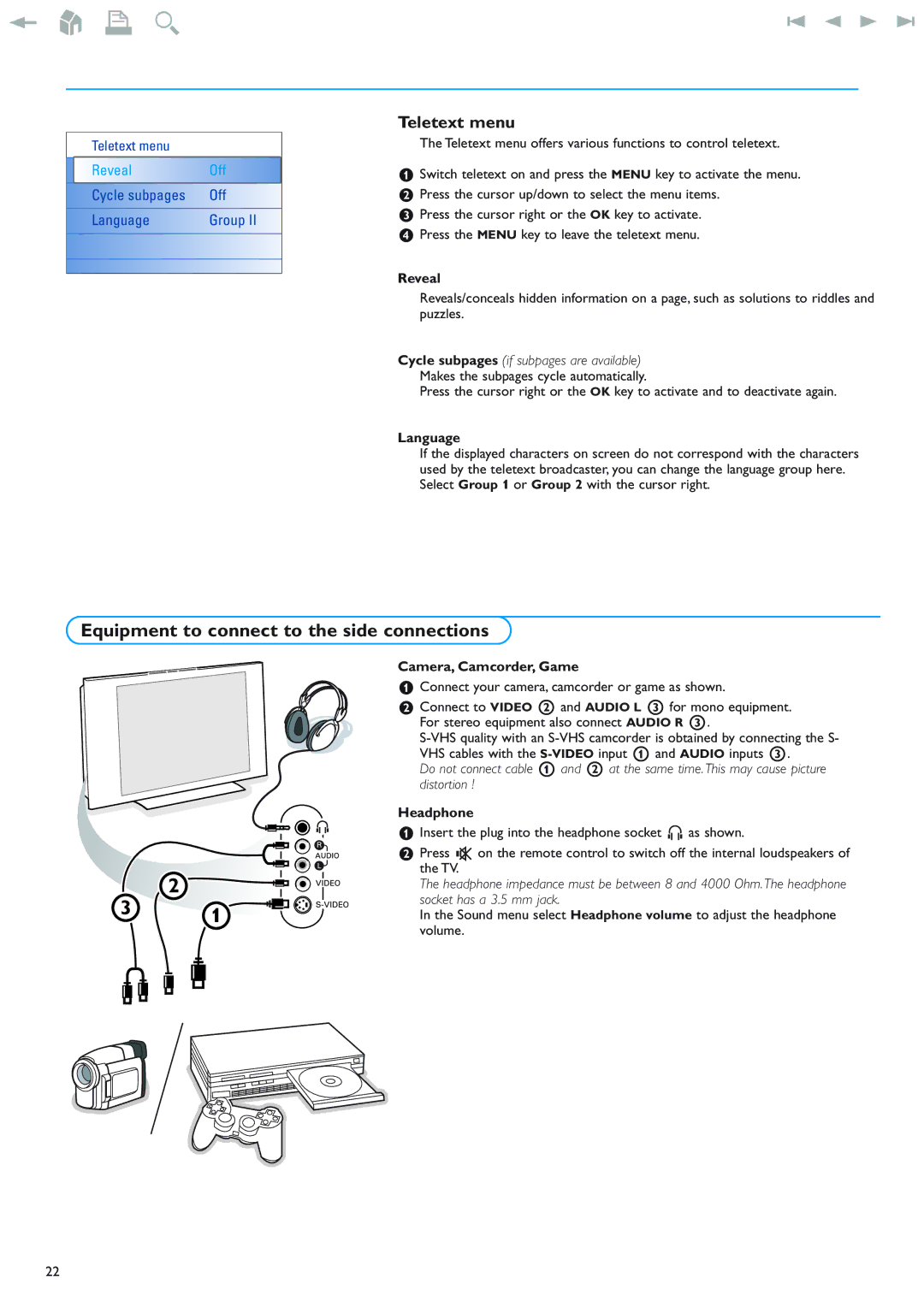 New Transducers 42PF9830/93 instruction manual Equipment to connect to the side connections, Teletext menu 