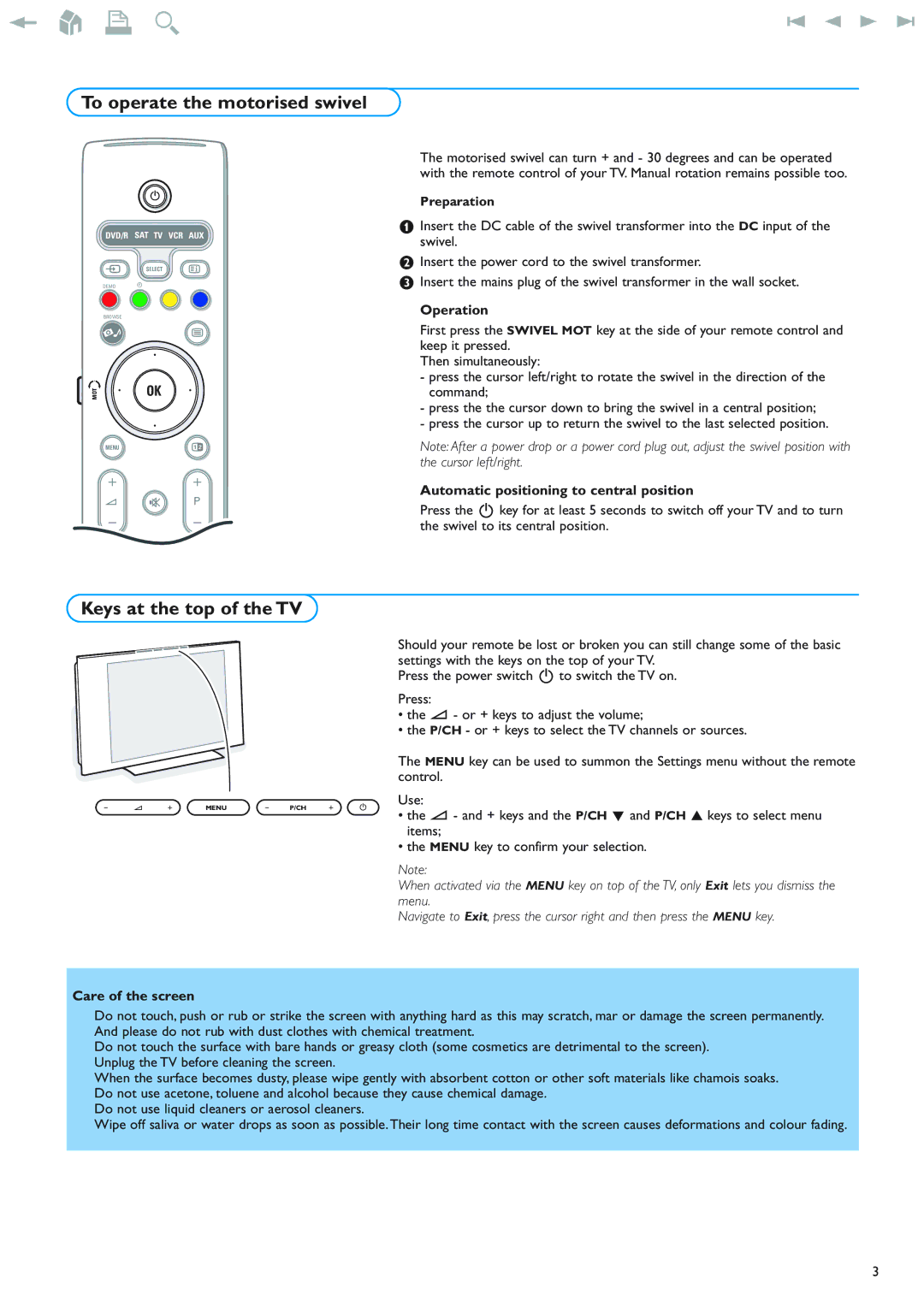 New Transducers 42PF9830/93 To operate the motorised swivel, Keys at the top of the TV, Operation, Care of the screen 