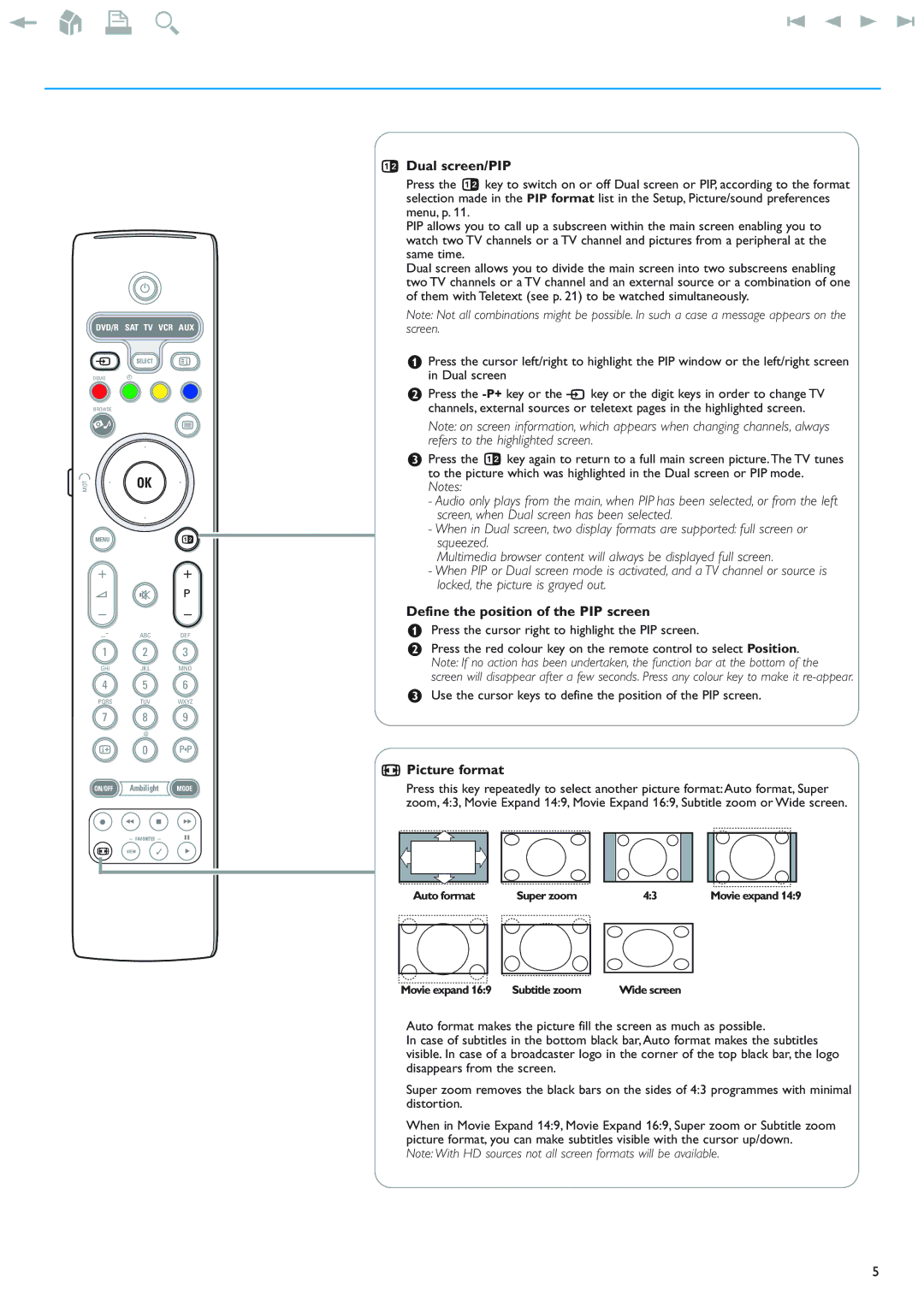 New Transducers 42PF9830/93 instruction manual Dual screen/PIP, Define the position of the PIP screen, Picture format 