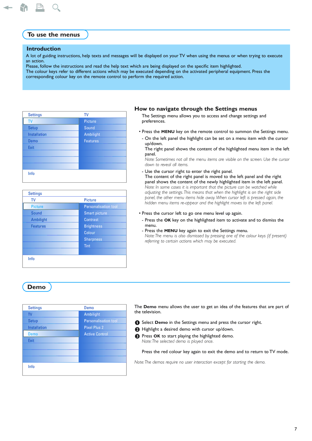 New Transducers 42PF9830/93 To use the menus, Demo, Introduction, How to navigate through the Settings menus 