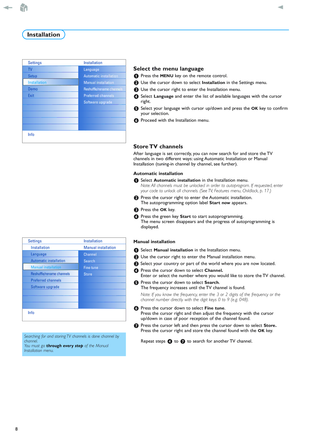 New Transducers 42PF9830/93 Installation, Select the menu language, Store TV channels, Automatic installation 