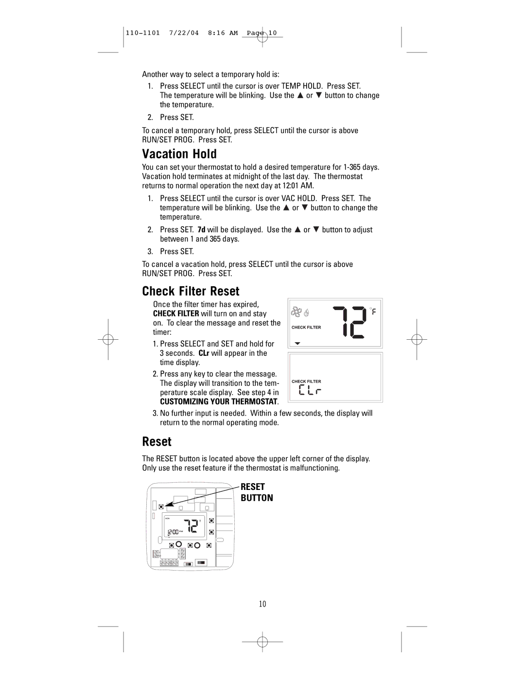 NewAir 8625 user manual Vacation Hold, Check Filter Reset 