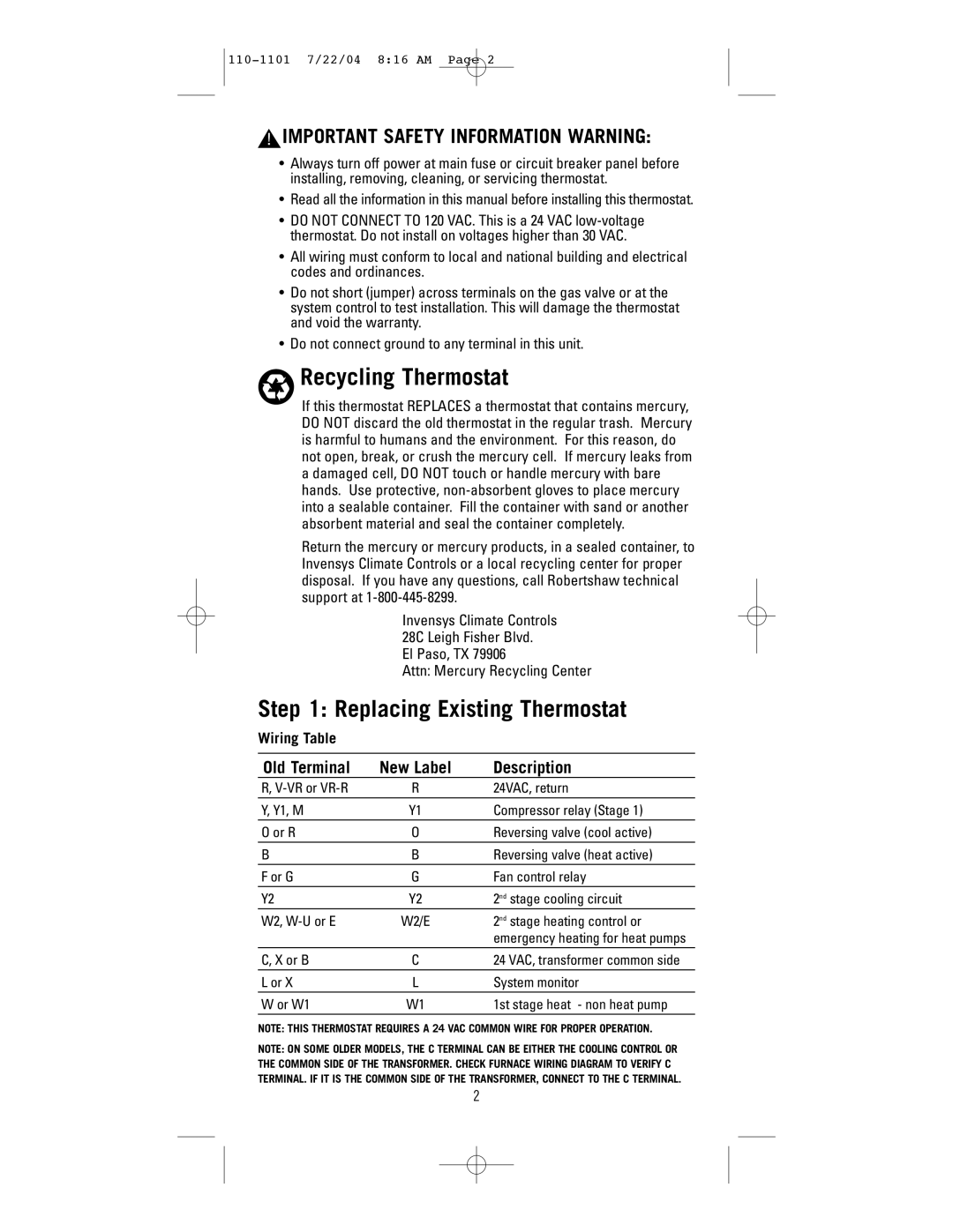 NewAir 8625 user manual Recycling Thermostat, Replacing Existing Thermostat 