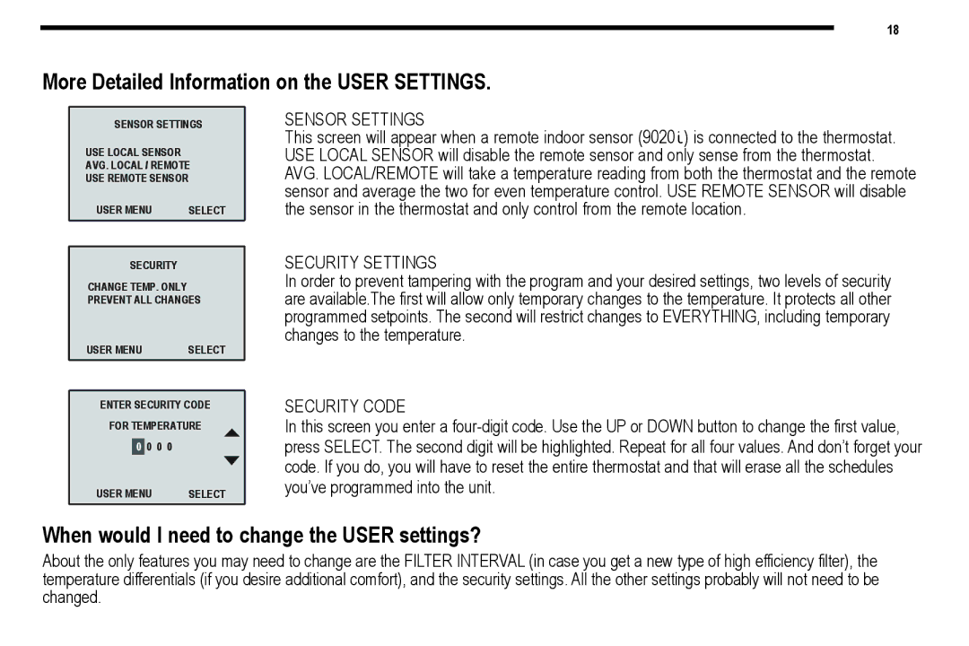 NewAir 9700i, 9715i When would I need to change the User settings?, Sensor Settings, Security Settings, Security Code 