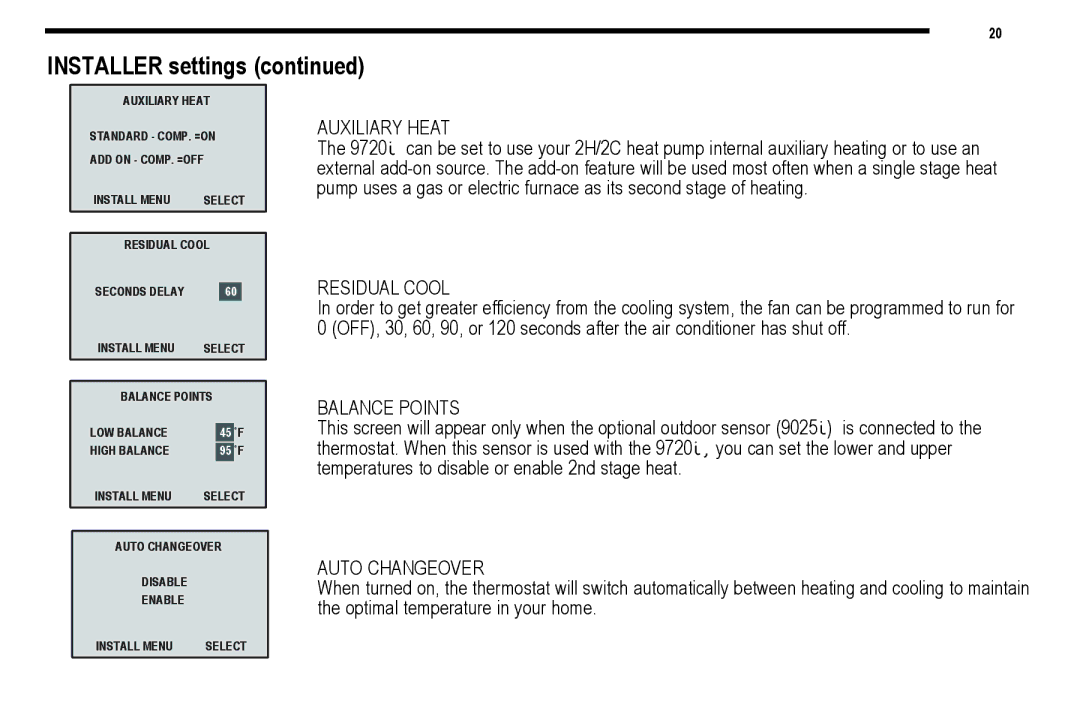 NewAir 9701i, 9715i, 9720i, 9700i Installer settings, Auxiliary Heat, Residual Cool, Balance Points, Auto Changeover 