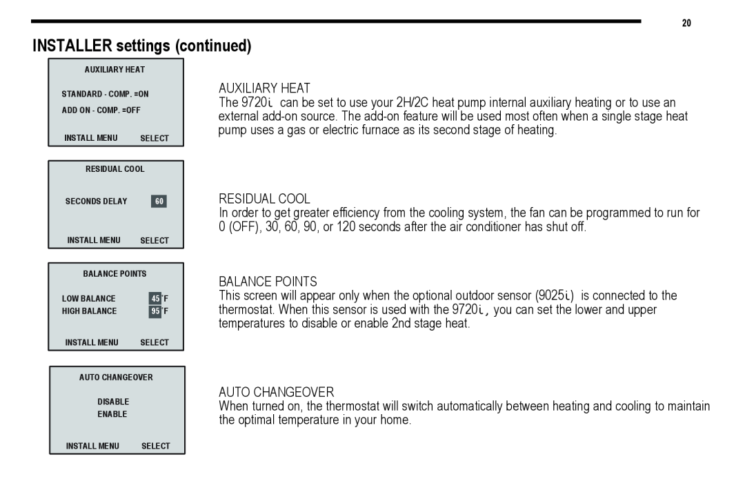 NewAir 9701i, 9715i, 9720i, 9700i user manual INSTALLER settings continued 