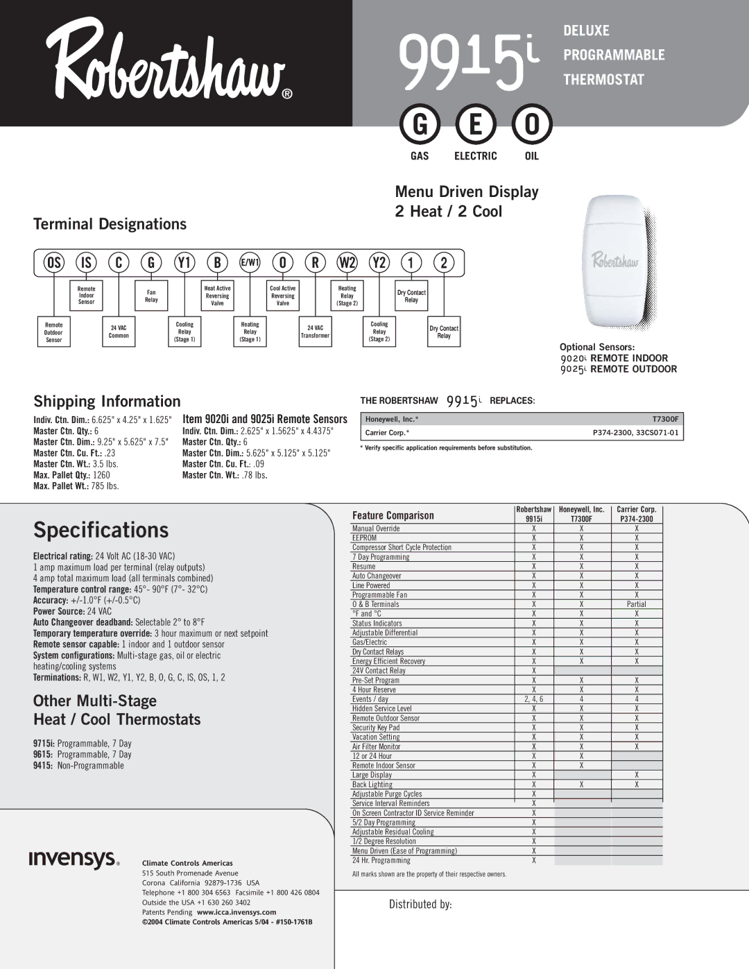 NewAir 9915i manual Specifications, Terminal Designations Heat / 2 Cool, Shipping Information 