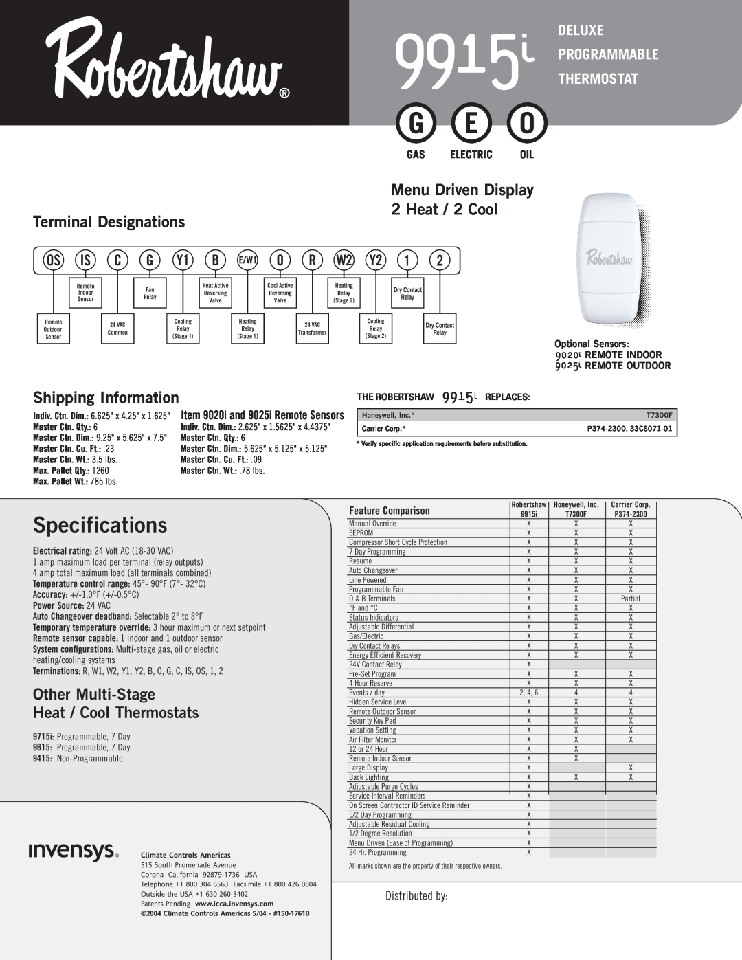 NewAir 9915i Specifications, Terminal Designations, Shipping Information, Other Multi-Stage Heat / Cool Thermostats, Os Is 