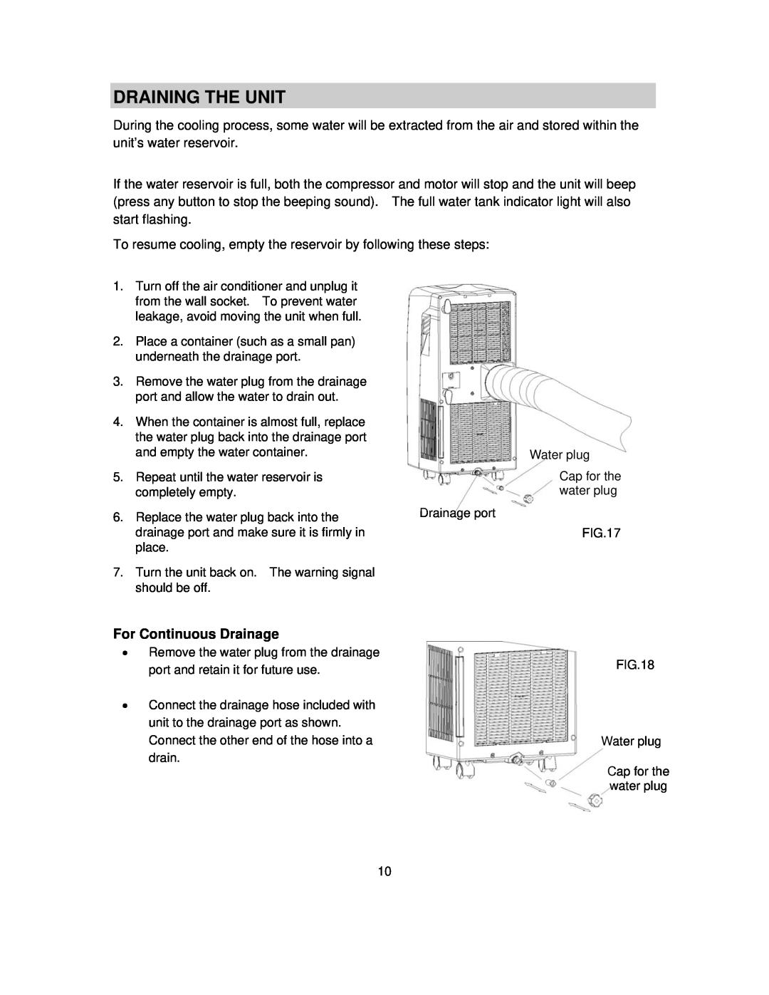 NewAir AC-10000E, AC-10000H owner manual Draining The Unit, For Continuous Drainage 