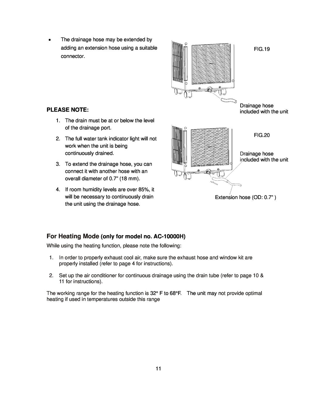 NewAir AC-10000E owner manual Please Note, For Heating Mode only for model no. AC-10000H 