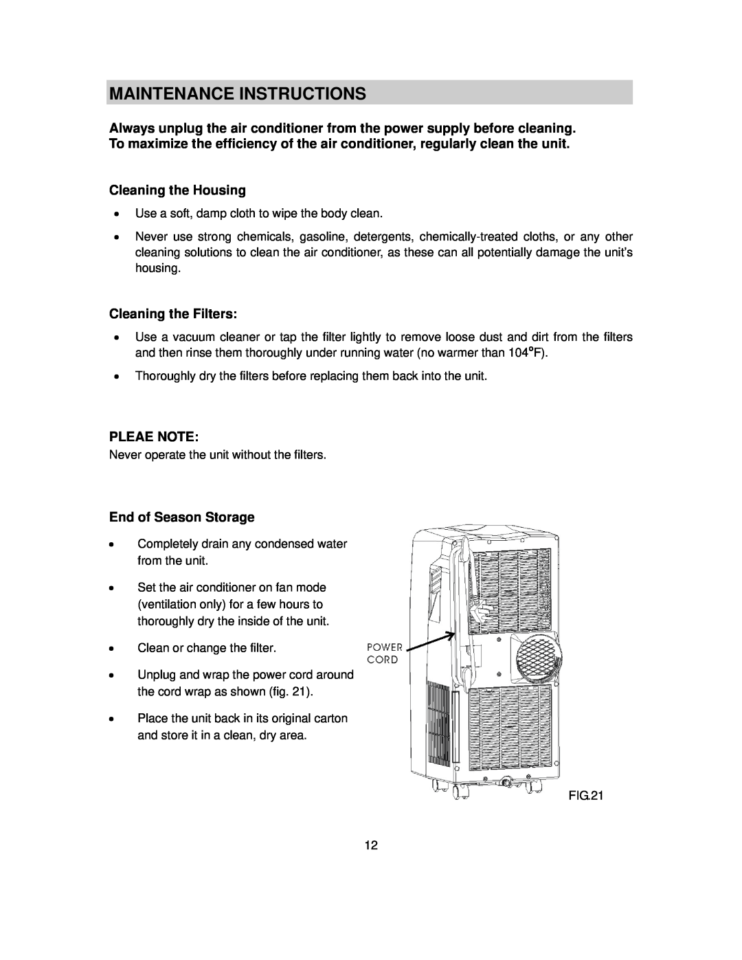 NewAir AC-10000E Maintenance Instructions, Cleaning the Housing, Cleaning the Filters, Pleae Note, End of Season Storage 