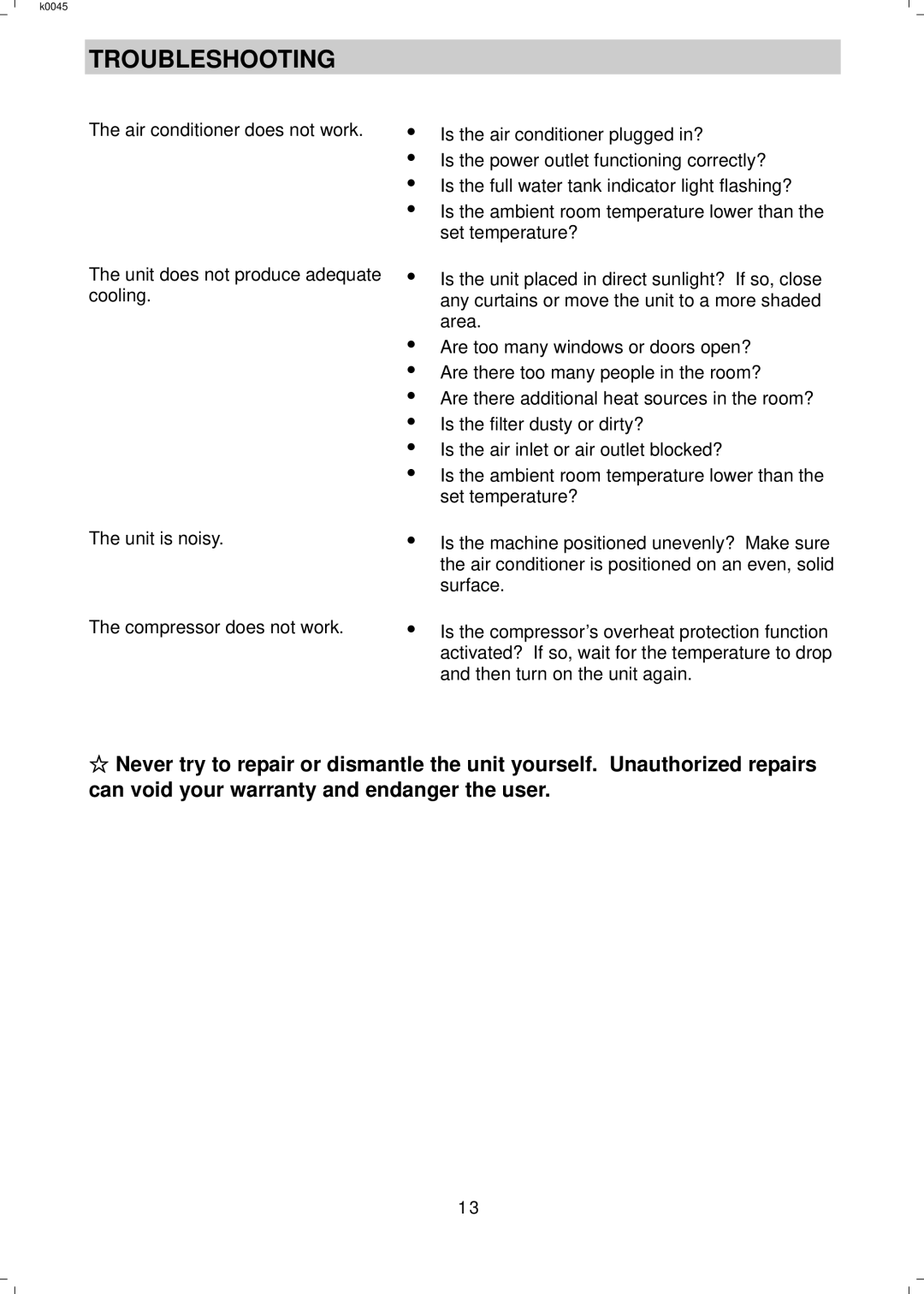 NewAir AC 12000E manual Troubleshooting 