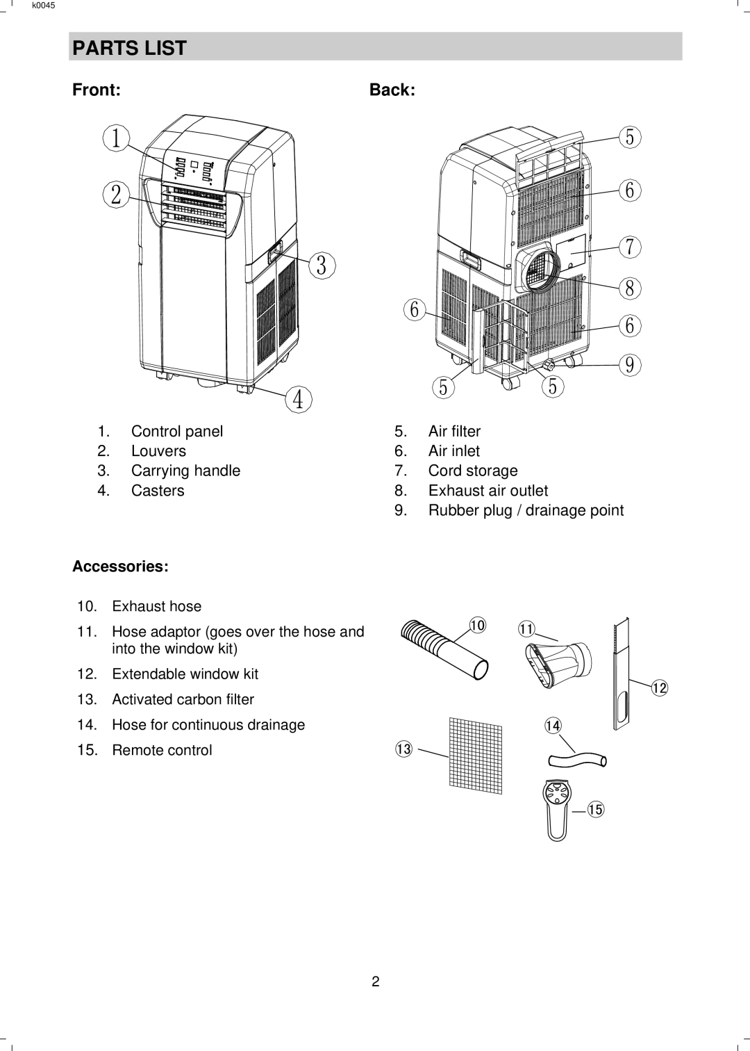 NewAir AC 12000E manual Parts List, Accessories 