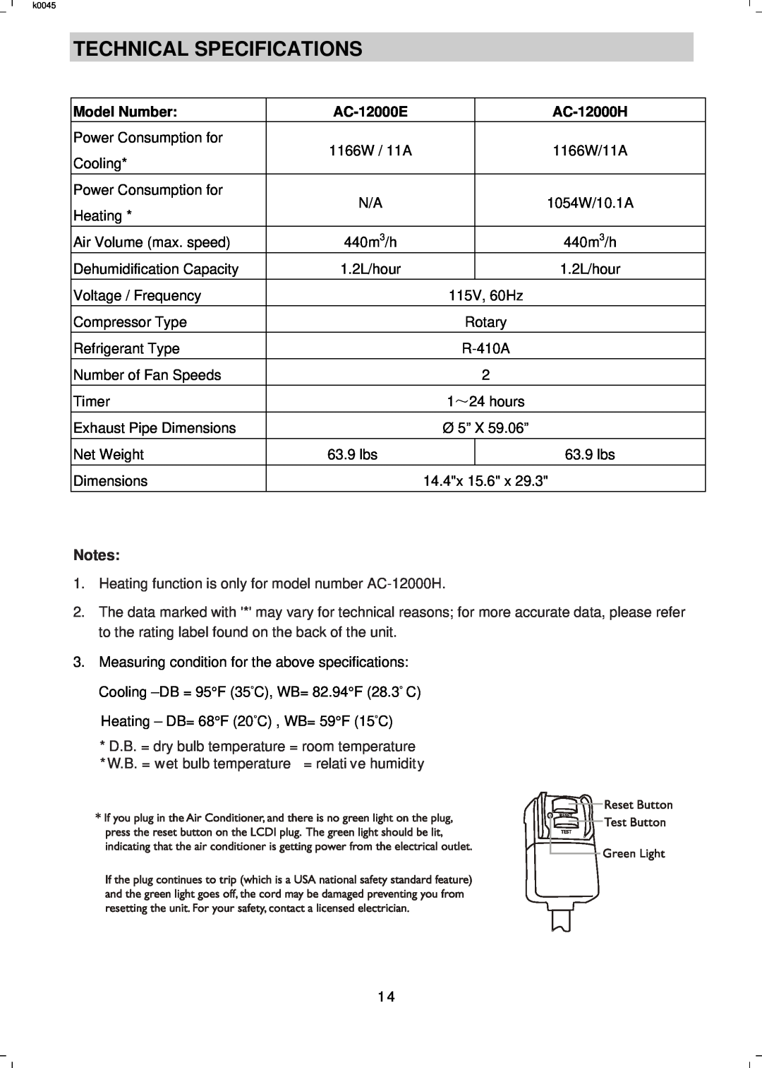 NewAir AC 12000E manual Technical Specifications, Model Number, AC-12000E, AC-12000H 