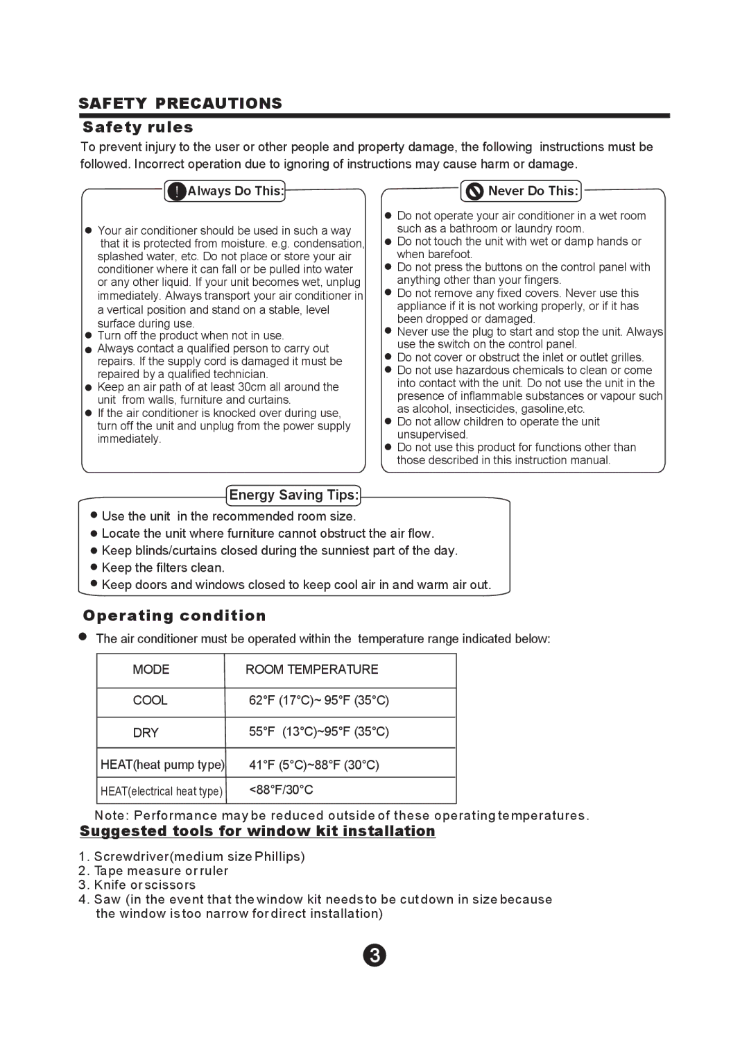 NewAir AC-12100E owner manual Safety Precautions, Safety rules, Energy Saving Tips, Operating condition 