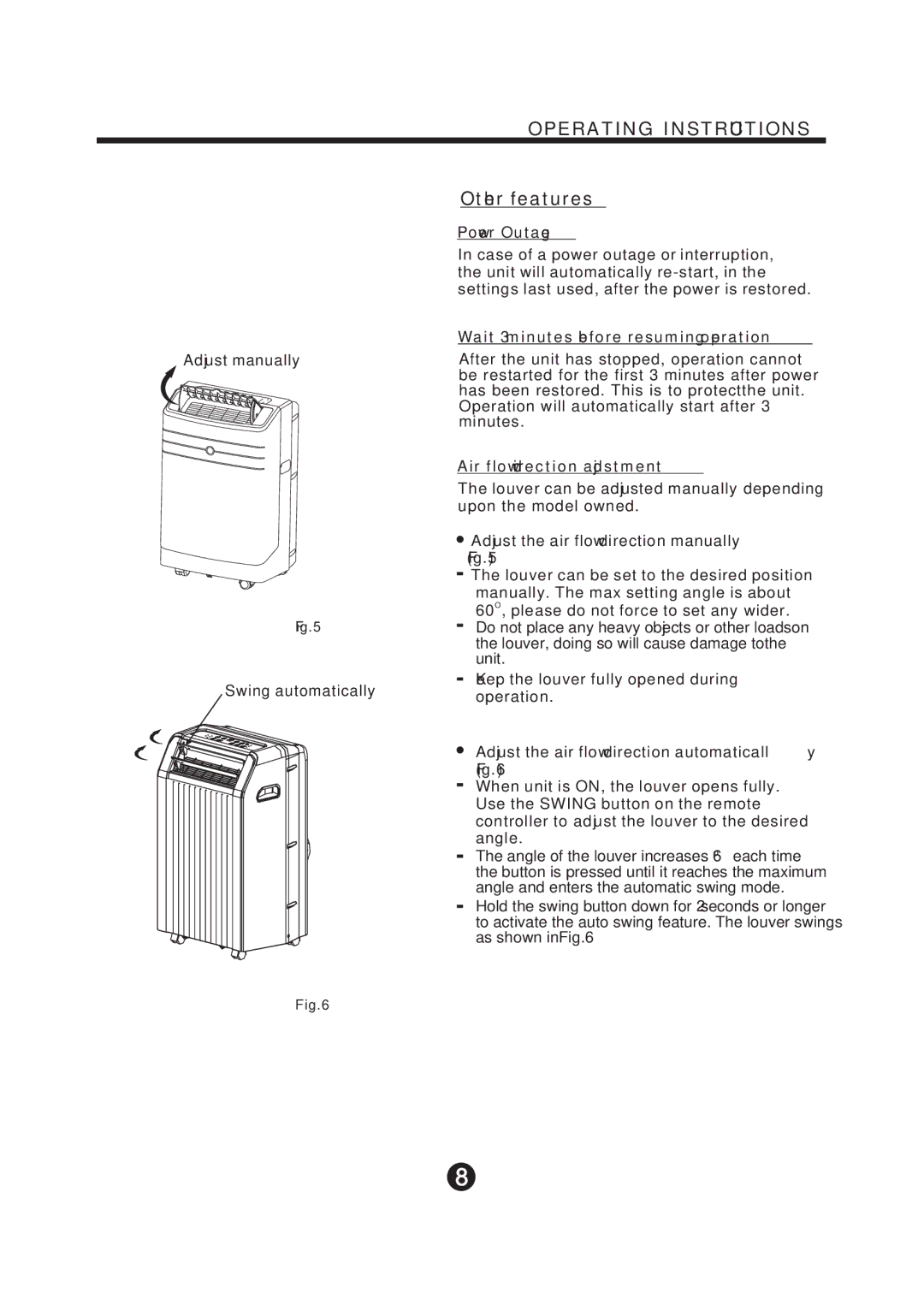 NewAir AC-12100E Other features, Power Outage, Wait 3 minutes before resuming operation, Air flow direction adjustment 