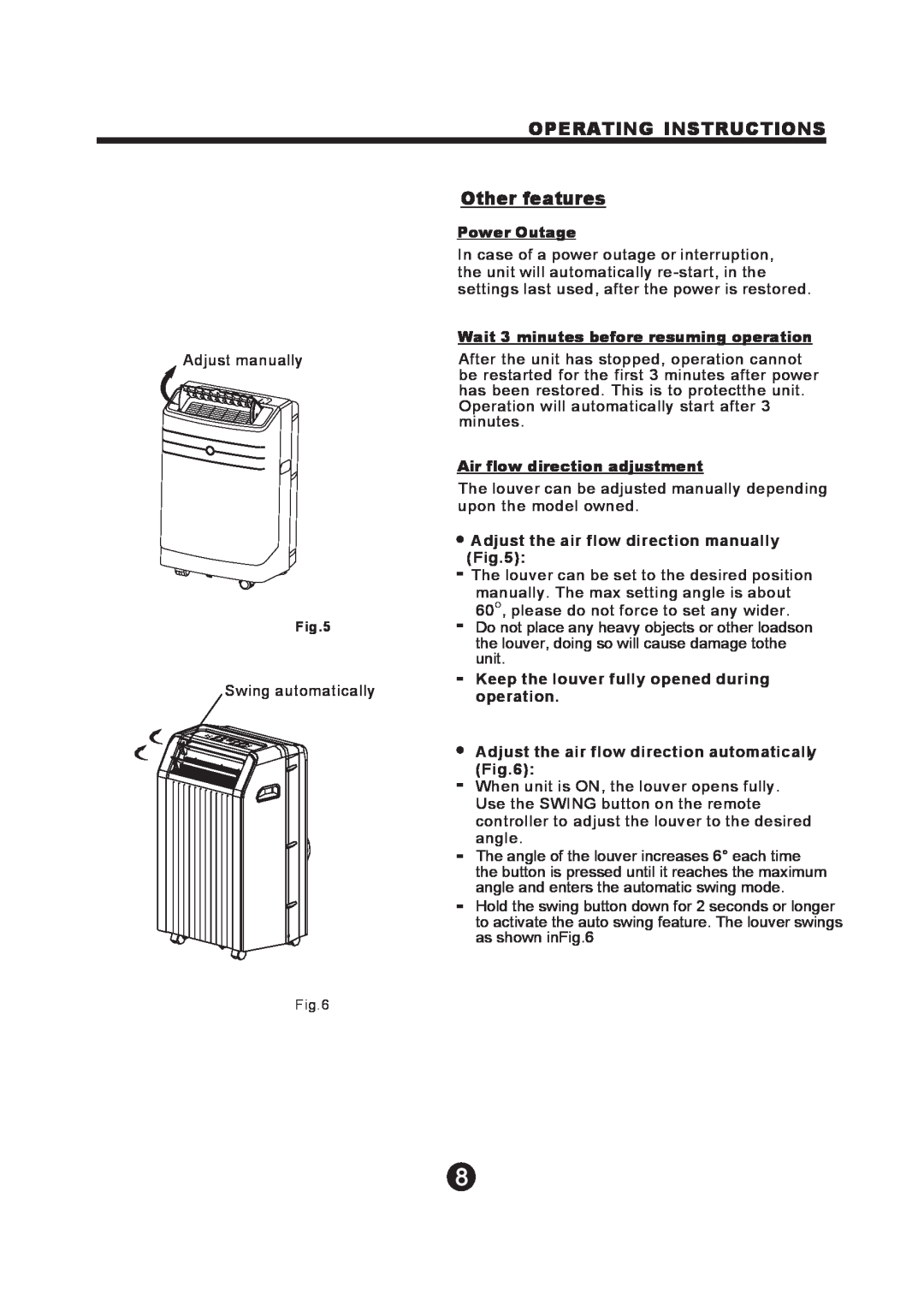 NewAir AC-12100E owner manual OPERATING INSTRUCTIONS Other features, Power Outage, Wait 3 minutes before resuming operation 