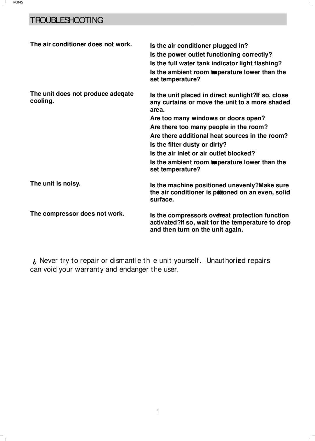 NewAir AC12000H, AC12000E manual Troubleshooting 