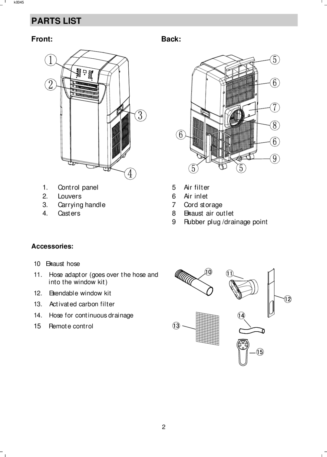 NewAir AC12000E, AC12000H manual Parts List, Accessories 