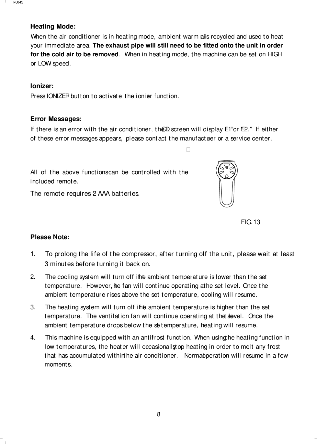 NewAir AC12000E, AC12000H manual Heating Mode, Ionizer, Error Messages, Please Note 