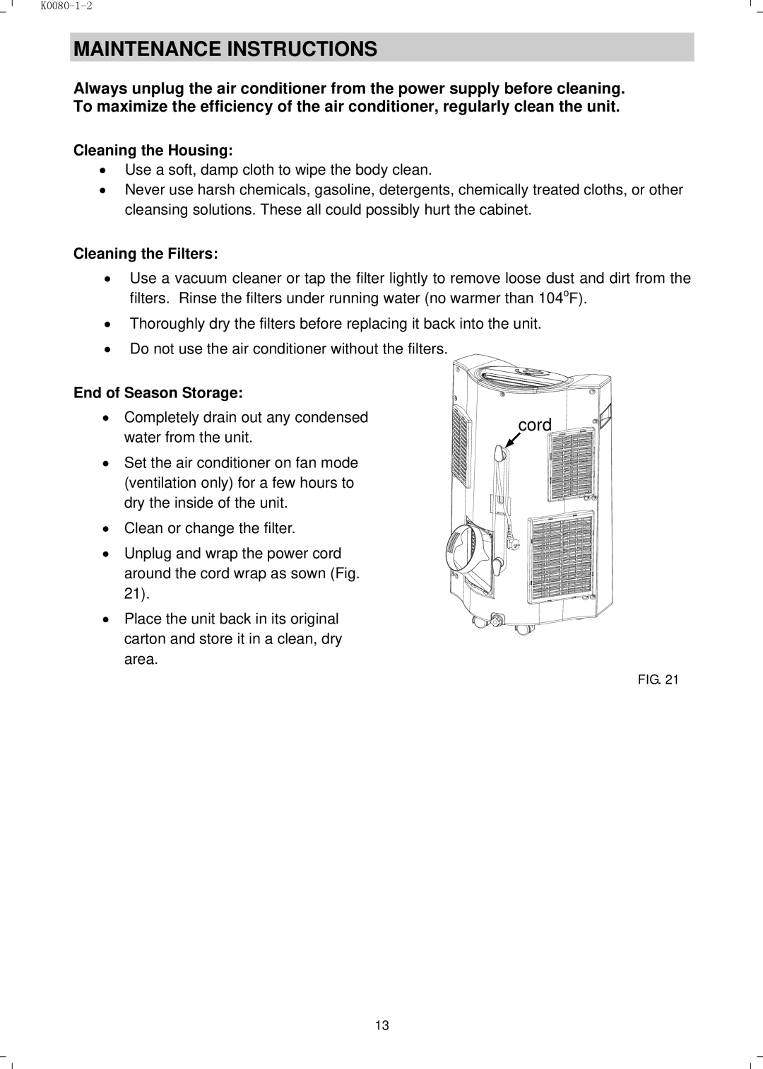 NewAir AC14000H, AC14000E manual Maintenance Instructions, Cleaning the Housing 