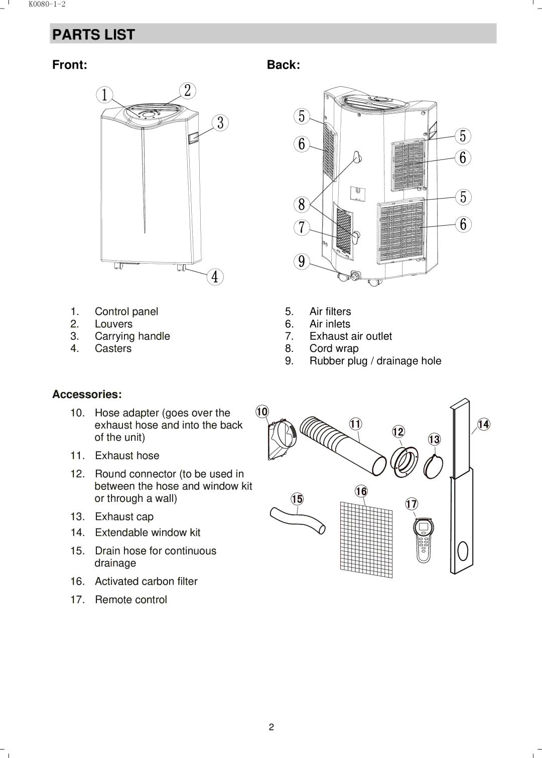 NewAir AC14000E, AC14000H manual Parts List, FrontBack 