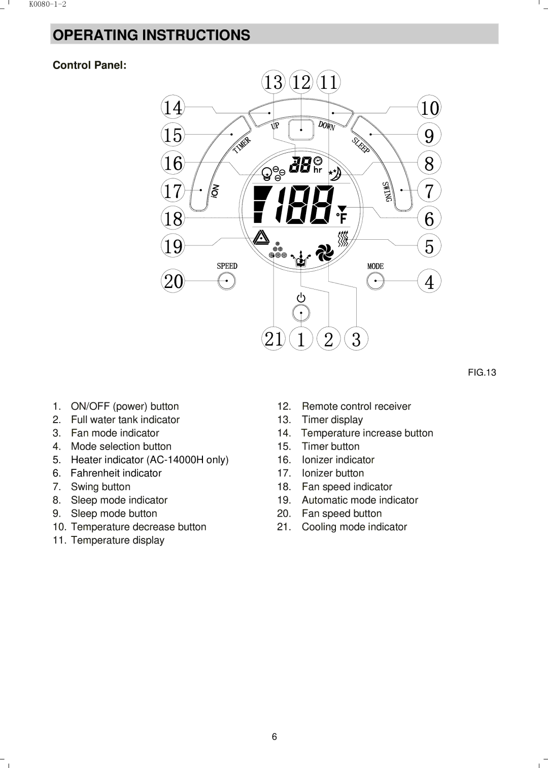 NewAir AC14000E, AC14000H manual Operating Instructions, Control Panel 