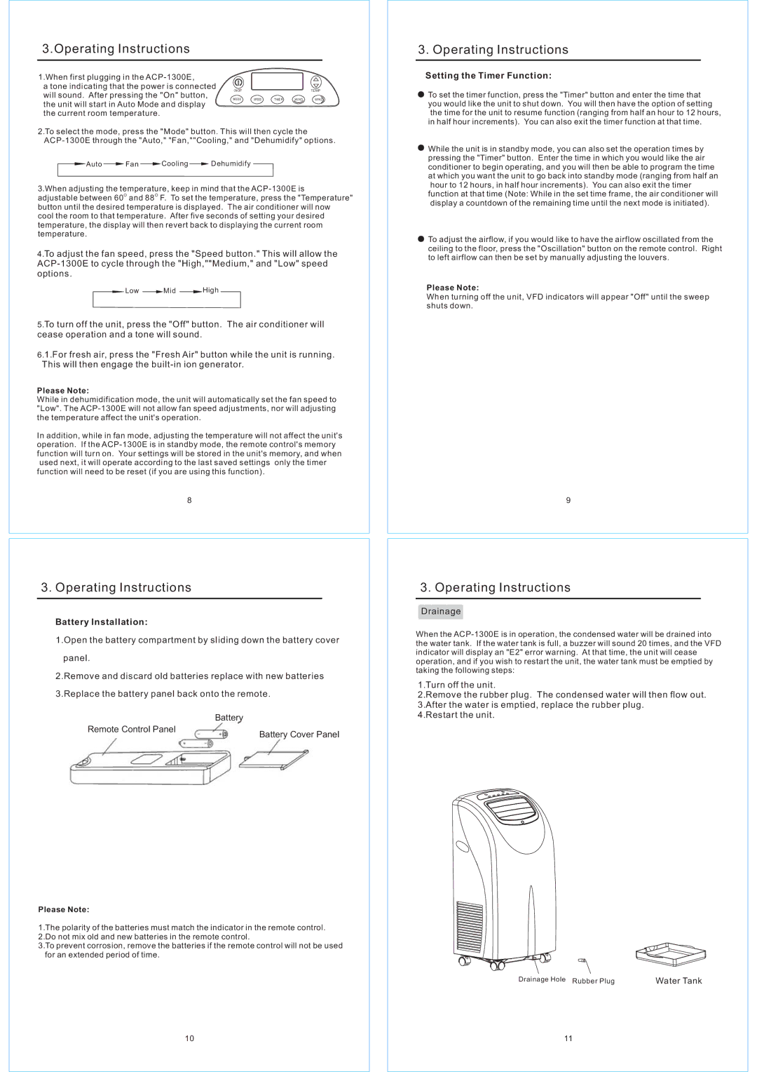 NewAir ACP-1300E owner manual Operating Instructions, Setting the Timer Function, Battery Installation 